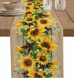 Table Runners-90 Inch Long,Farmhouse Sunflower Country Stars Linen Dresser Scarves Dining Table Runner Vintage Rustic Wooden Tabletop Scarf for Home Kitchen Holiday Party Decor