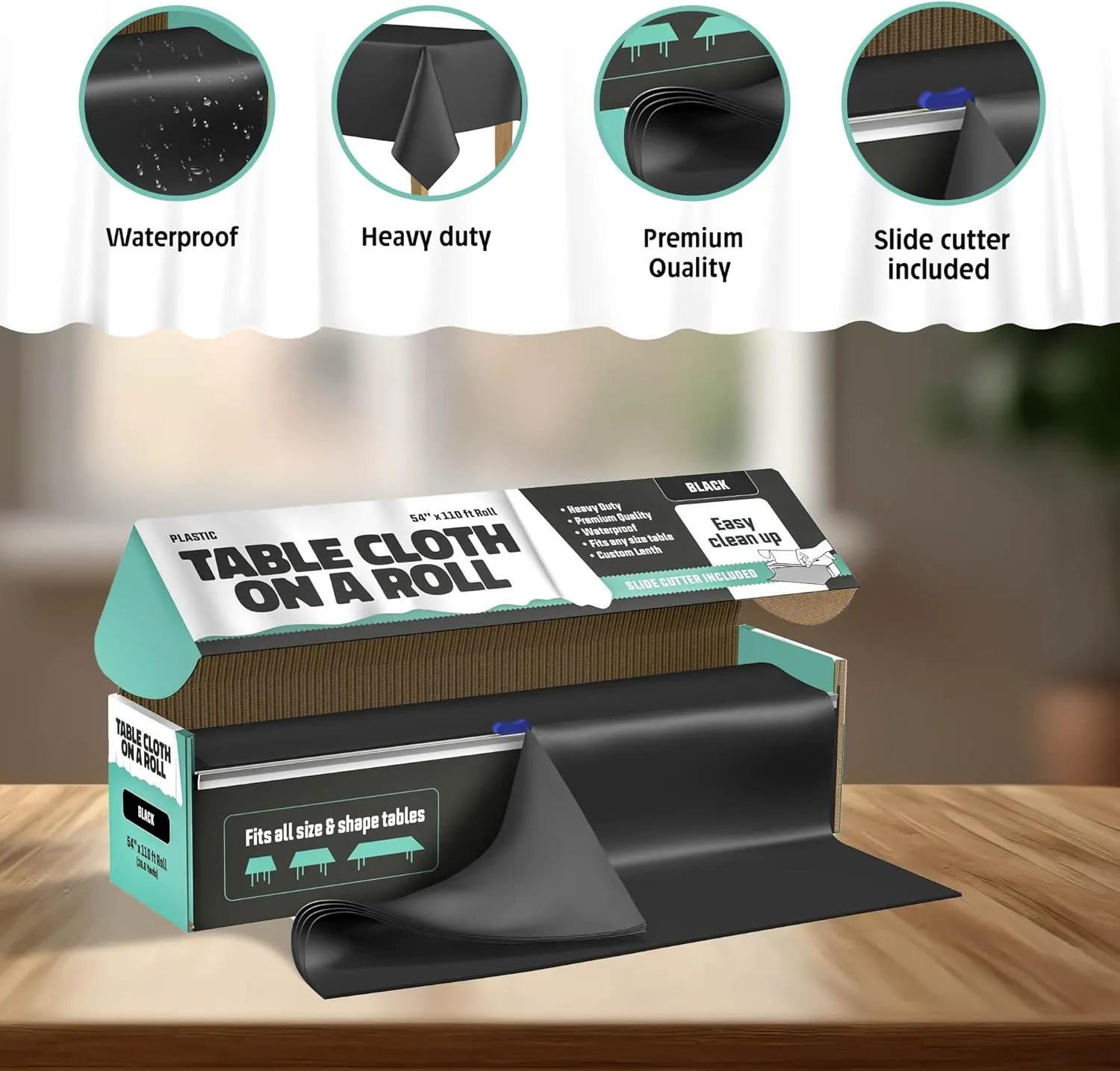 Tablecloth Roll – 54" X 110' Black Premium Plastic Table Cloths with Cutter Box - Cut to Size - Decorative Rectangle Table Cover Smooth Tablecloth - Disposable Tablecloths for Parties, Weddings.