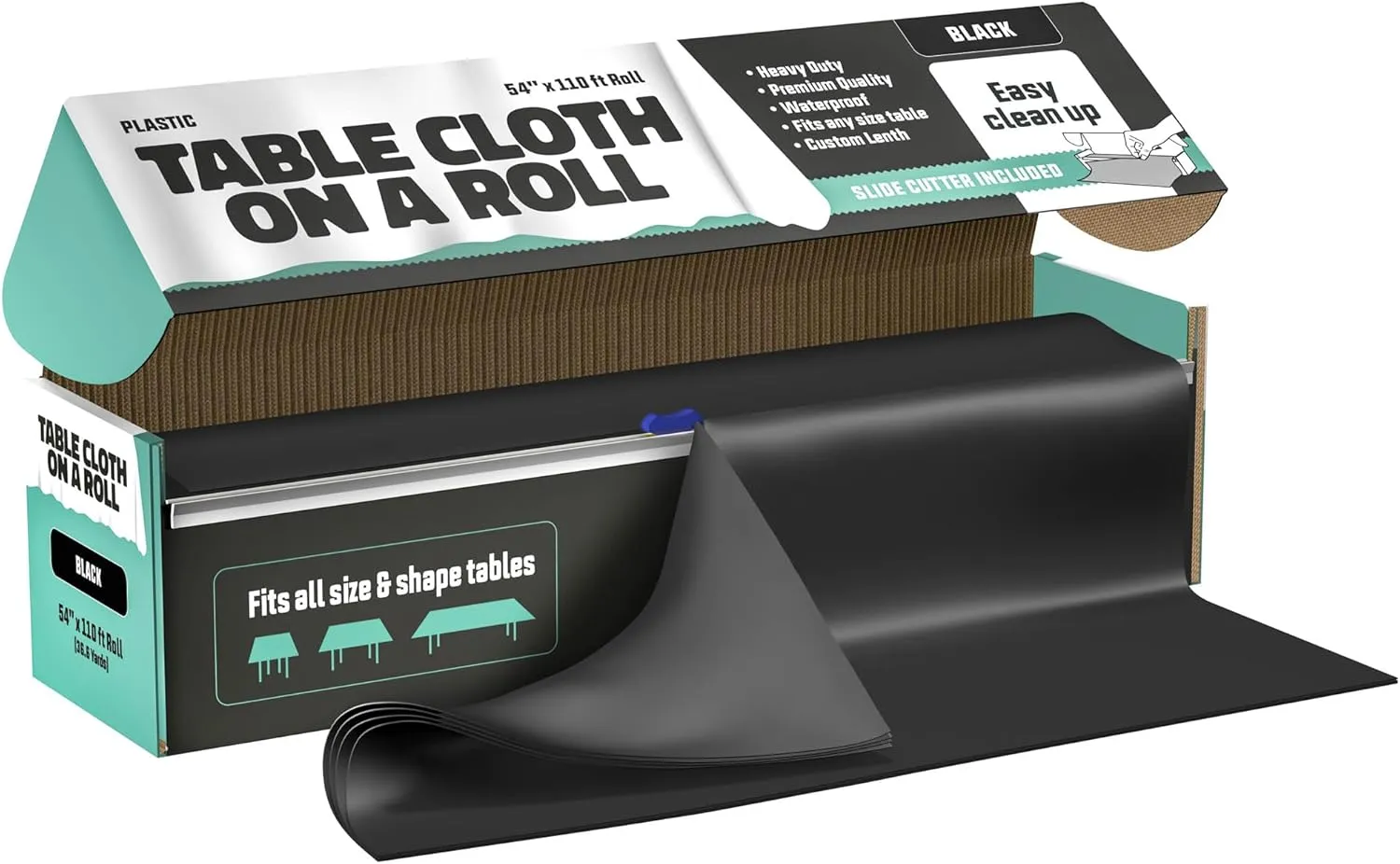 Tablecloth Roll – 54" X 110' Black Premium Plastic Table Cloths with Cutter Box - Cut to Size - Decorative Rectangle Table Cover Smooth Tablecloth - Disposable Tablecloths for Parties, Weddings.