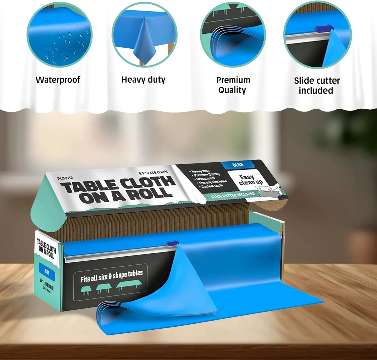 Tablecloth Roll – 54" X 110' Blue Premium Plastic Table Cloths with Cutter Box - Cut to Size - Decorative Rectangle Table Cover Smooth Tablecloth - Disposable Table Cloths for Parties, Weddings.