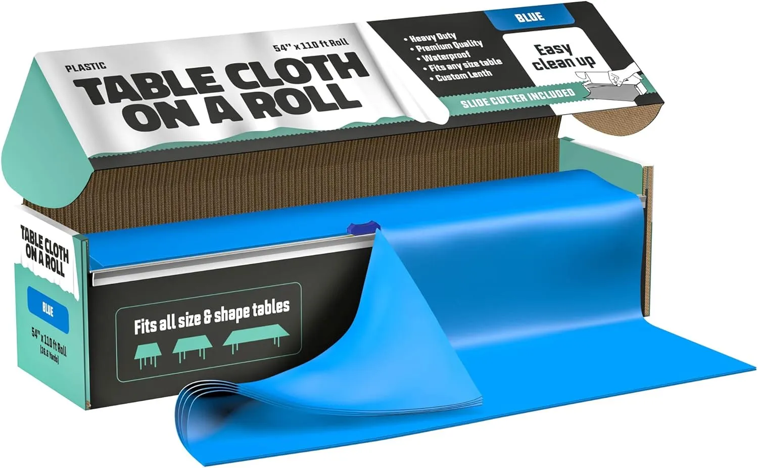Tablecloth Roll – 54" X 110' Blue Premium Plastic Table Cloths with Cutter Box - Cut to Size - Decorative Rectangle Table Cover Smooth Tablecloth - Disposable Table Cloths for Parties, Weddings.