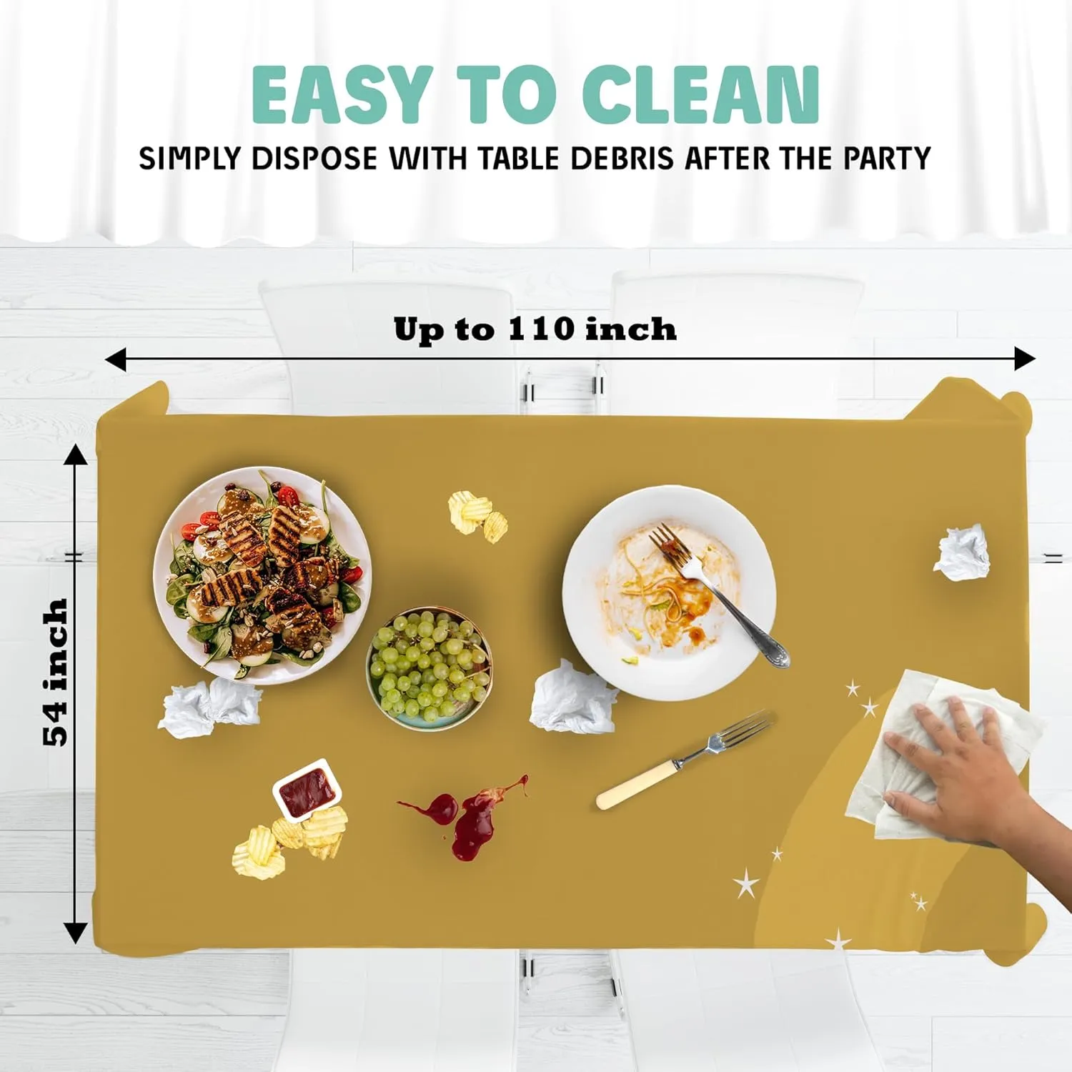Tablecloth Roll – 54" X 110' Gold Premium Plastic Table Cloths with Cutter Box - Cut to Size - Decorative Rectangle Table Cover Smooth Tablecloth - Disposable Table Cloths for Parties, Weddings.