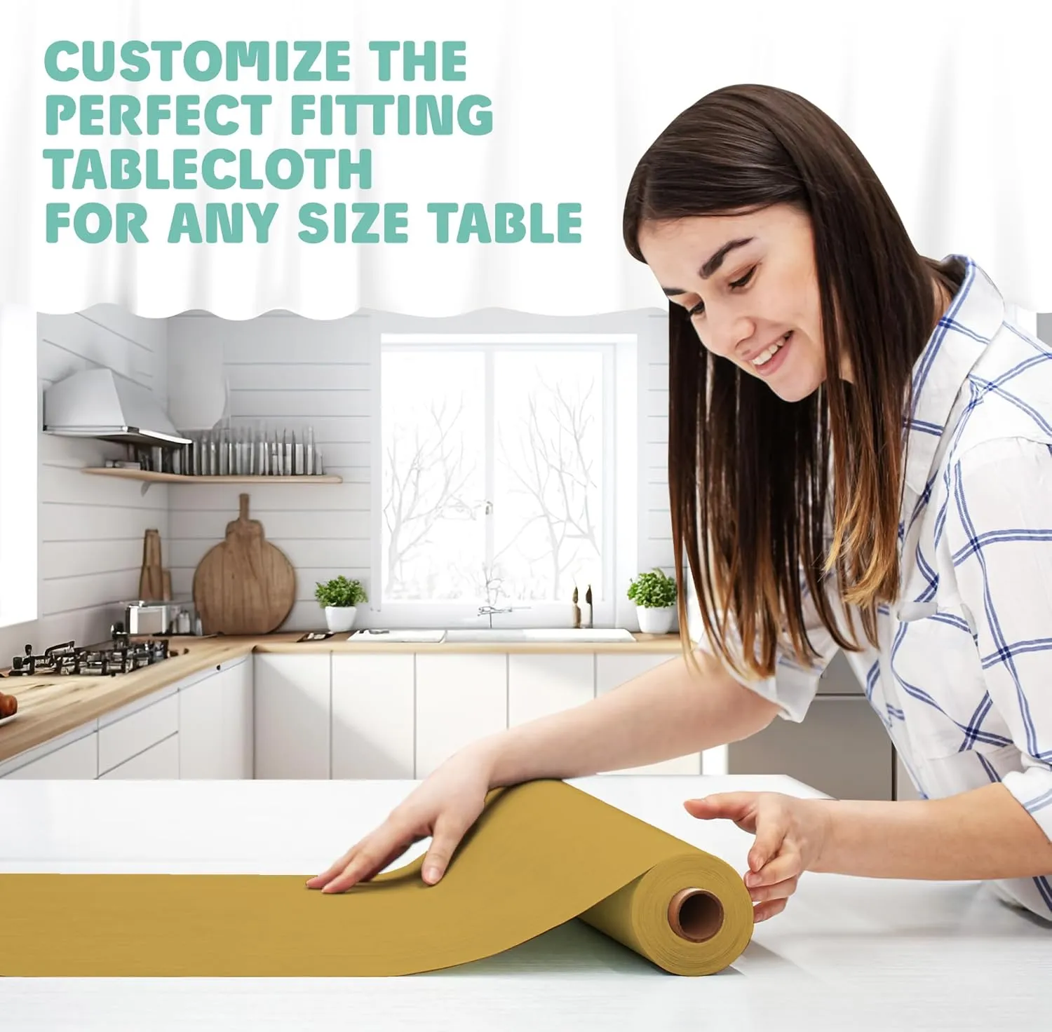 Tablecloth Roll – 54" X 110' Gold Premium Plastic Table Cloths with Cutter Box - Cut to Size - Decorative Rectangle Table Cover Smooth Tablecloth - Disposable Table Cloths for Parties, Weddings.