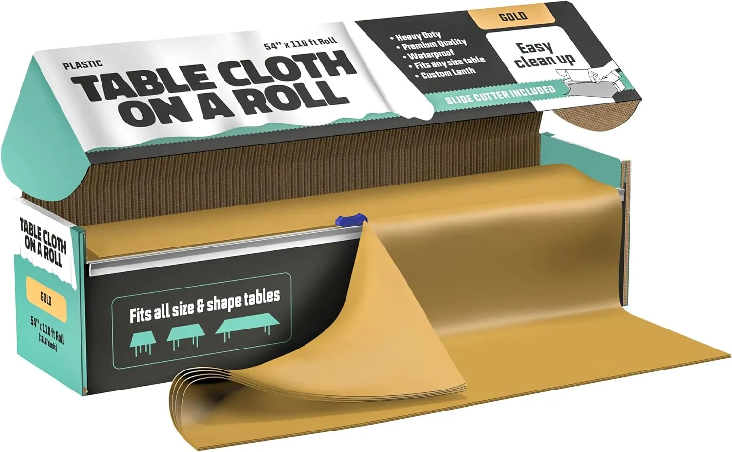 Tablecloth Roll – 54" X 110' Gold Premium Plastic Table Cloths with Cutter Box - Cut to Size - Decorative Rectangle Table Cover Smooth Tablecloth - Disposable Table Cloths for Parties, Weddings.