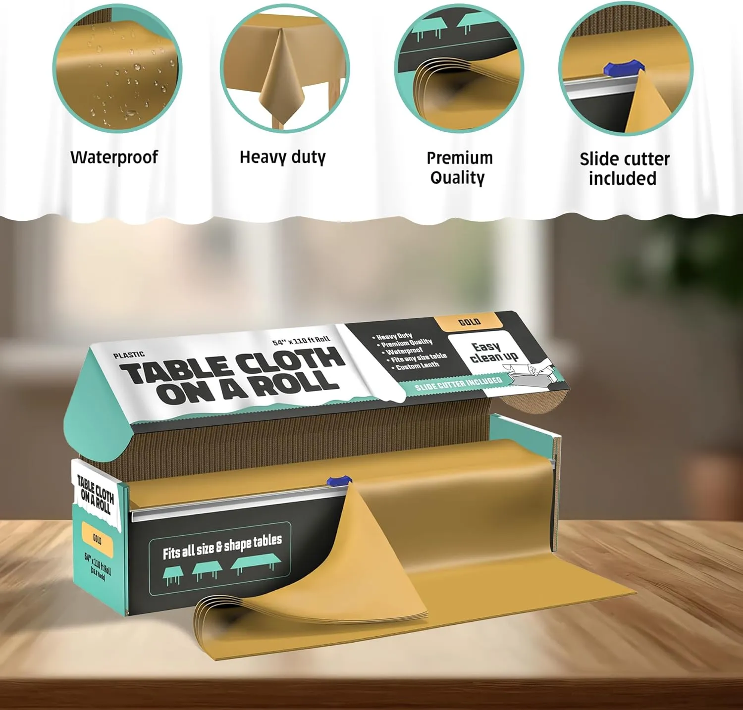 Tablecloth Roll – 54" X 110' Gold Premium Plastic Table Cloths with Cutter Box - Cut to Size - Decorative Rectangle Table Cover Smooth Tablecloth - Disposable Table Cloths for Parties, Weddings.