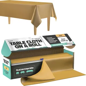 Tablecloth Roll – 54" X 110' Gold Premium Plastic Table Cloths with Cutter Box - Cut to Size - Decorative Rectangle Table Cover Smooth Tablecloth - Disposable Table Cloths for Parties, Weddings.