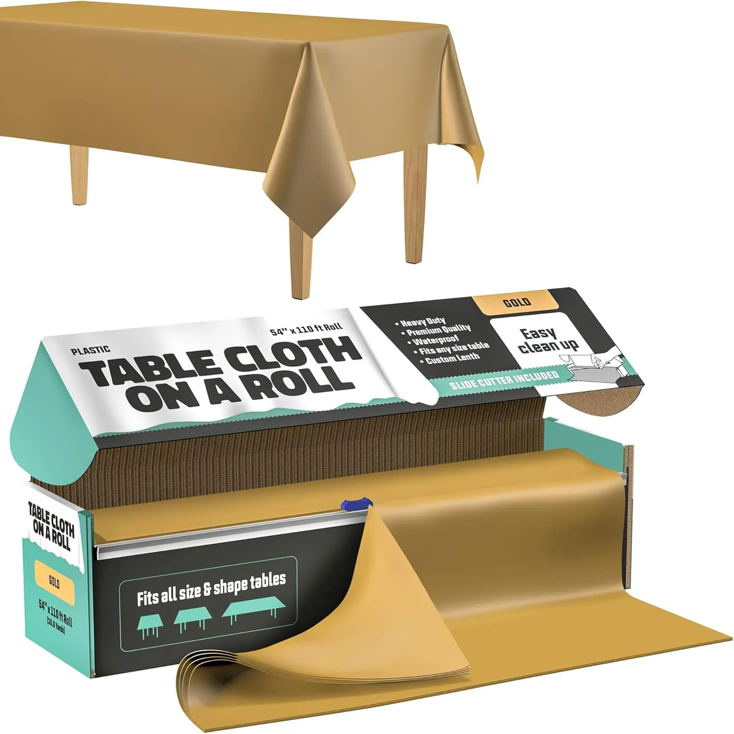 Tablecloth Roll – 54" X 110' Gold Premium Plastic Table Cloths with Cutter Box - Cut to Size - Decorative Rectangle Table Cover Smooth Tablecloth - Disposable Table Cloths for Parties, Weddings.