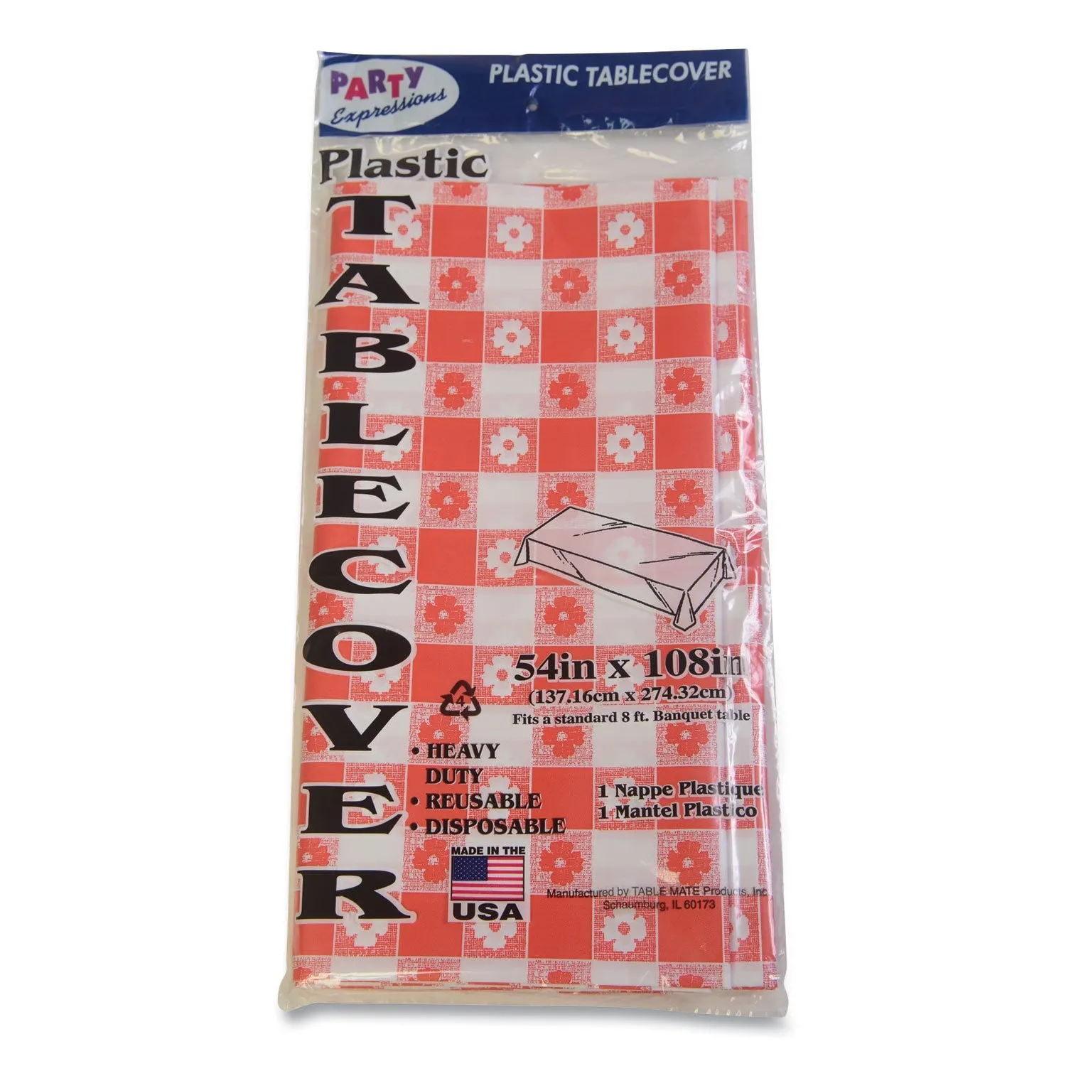 Tablemate® Table Set Rectangular Table Covers, Heavyweight Plastic, 54" X 108", Plaid Red/white, 6/pack