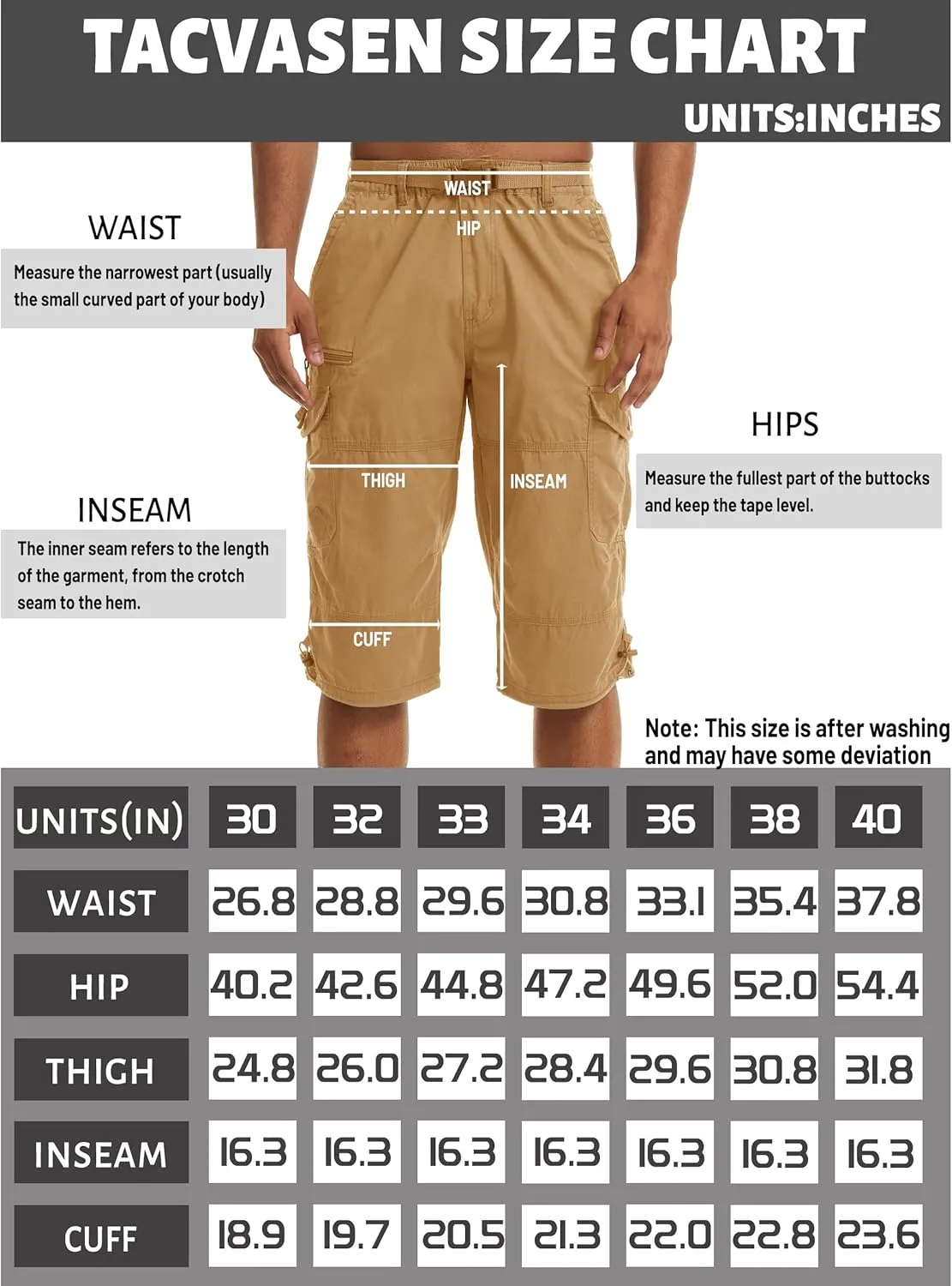 TACVASEN Men's Capri Pants with 7 Pockets Cargo Shorts Twill Elastic Below Knee 3/4 Capri Long Shorts