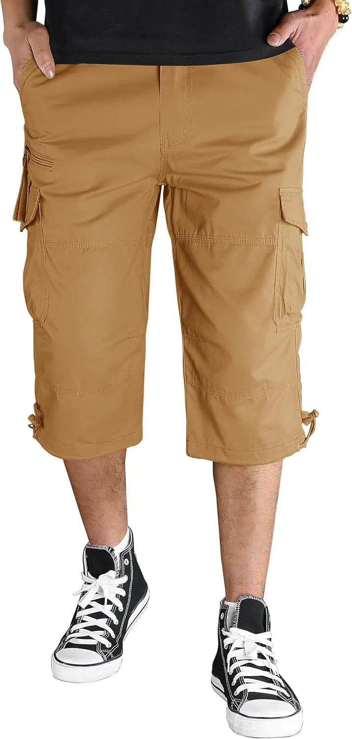 TACVASEN Men's Capri Pants with 7 Pockets Cargo Shorts Twill Elastic Below Knee 3/4 Capri Long Shorts