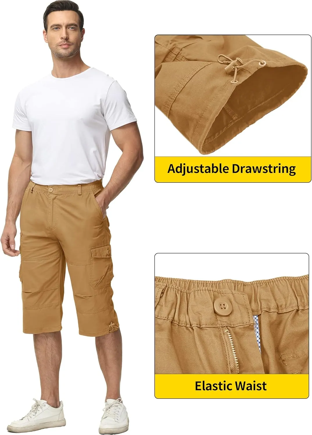 TACVASEN Men's Capri Pants with 7 Pockets Cargo Shorts Twill Elastic Below Knee 3/4 Capri Long Shorts