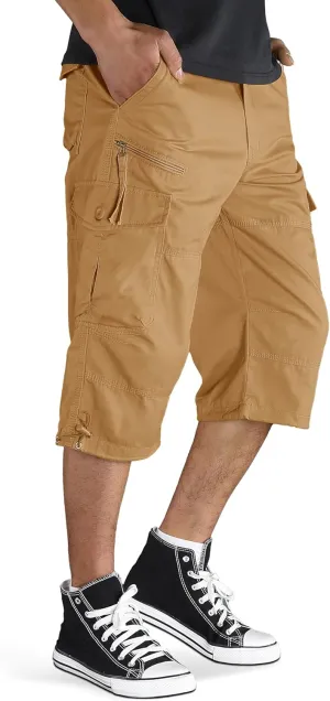 TACVASEN Men's Capri Pants with 7 Pockets Cargo Shorts Twill Elastic Below Knee 3/4 Capri Long Shorts
