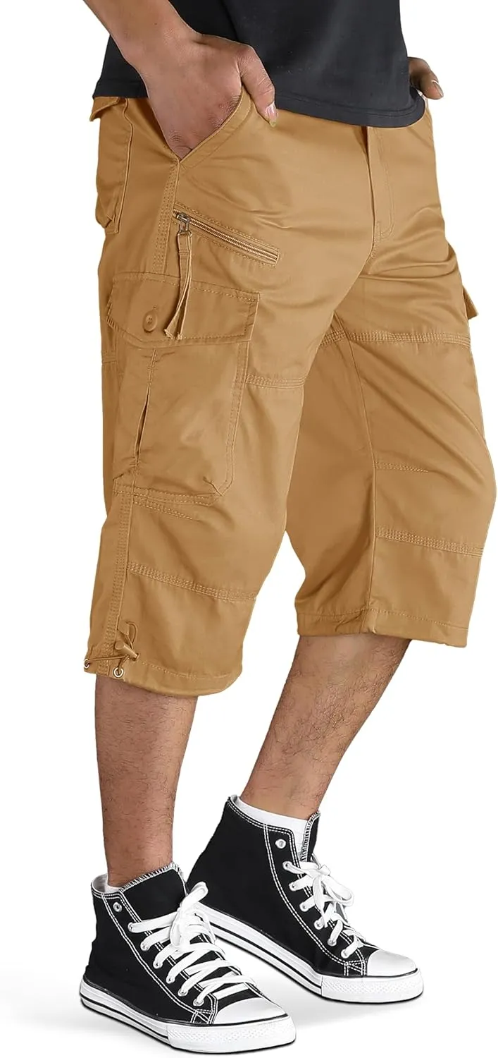 TACVASEN Men's Capri Pants with 7 Pockets Cargo Shorts Twill Elastic Below Knee 3/4 Capri Long Shorts