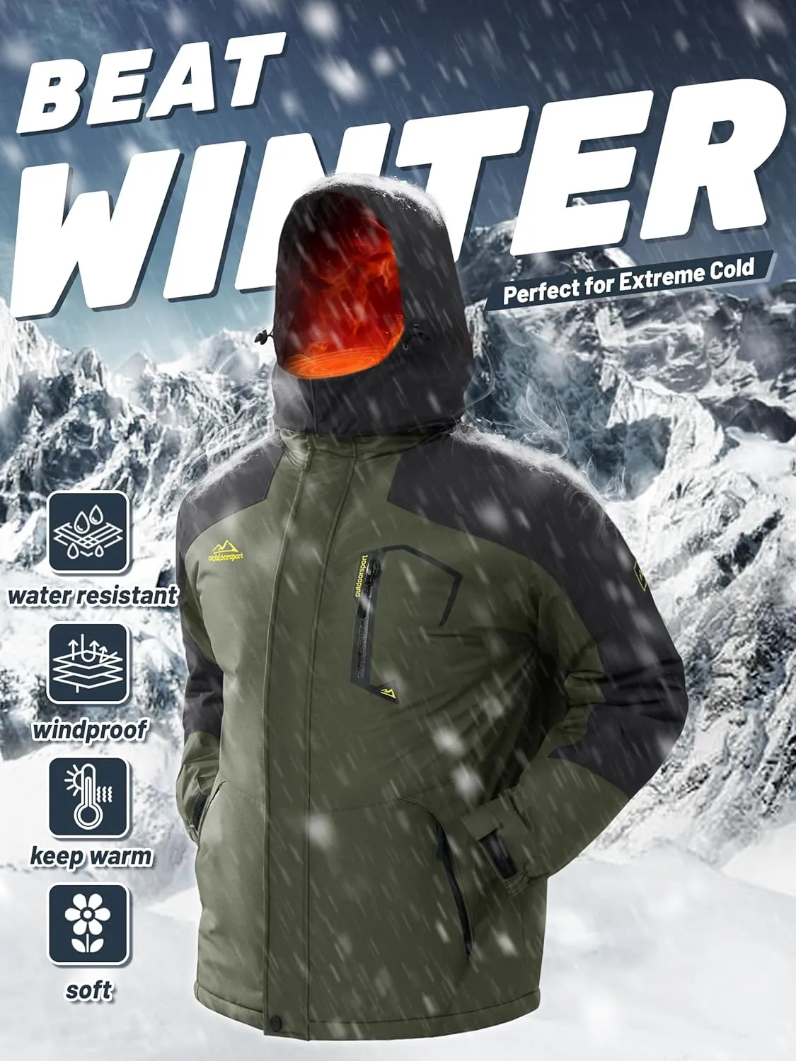 TACVASEN Men's Winter Skiing Jackets Water Resistant Fleece Coats Insulated Thermal Snowboard Jacket Parka Raincoat with Hood