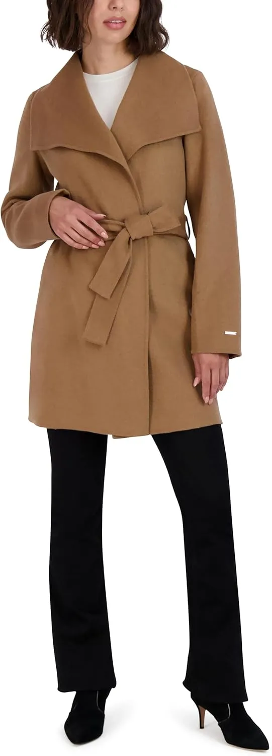 Tahari Women's Lightweight Wool Wrap Coat with Tie Belt