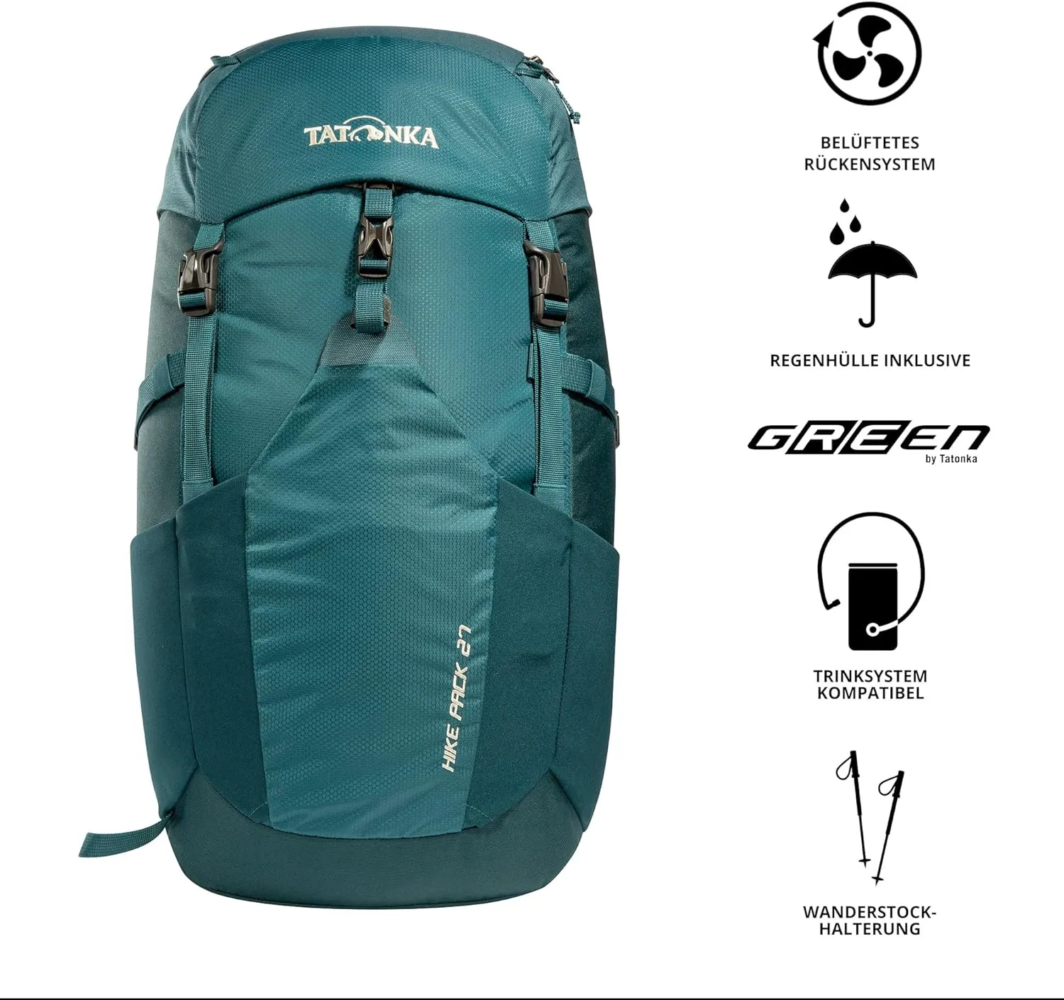 Tatonka Lightweight Hiking Backpack with 27 Litre Volume and Ventilated Back net, Teal Green/Jasper, 27 Liter