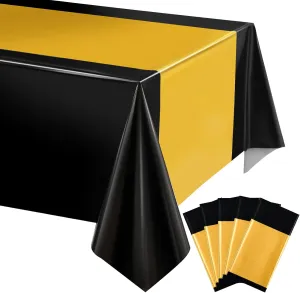 Tatuo 6 Pcs Plastic Tablecloth Set Disposable Rectangle Table Cover and Table Runner for Graduation Baby Shower Bride Shower Party Birthday Wedding Anniversary Picnic Decoration (Black and Gold)