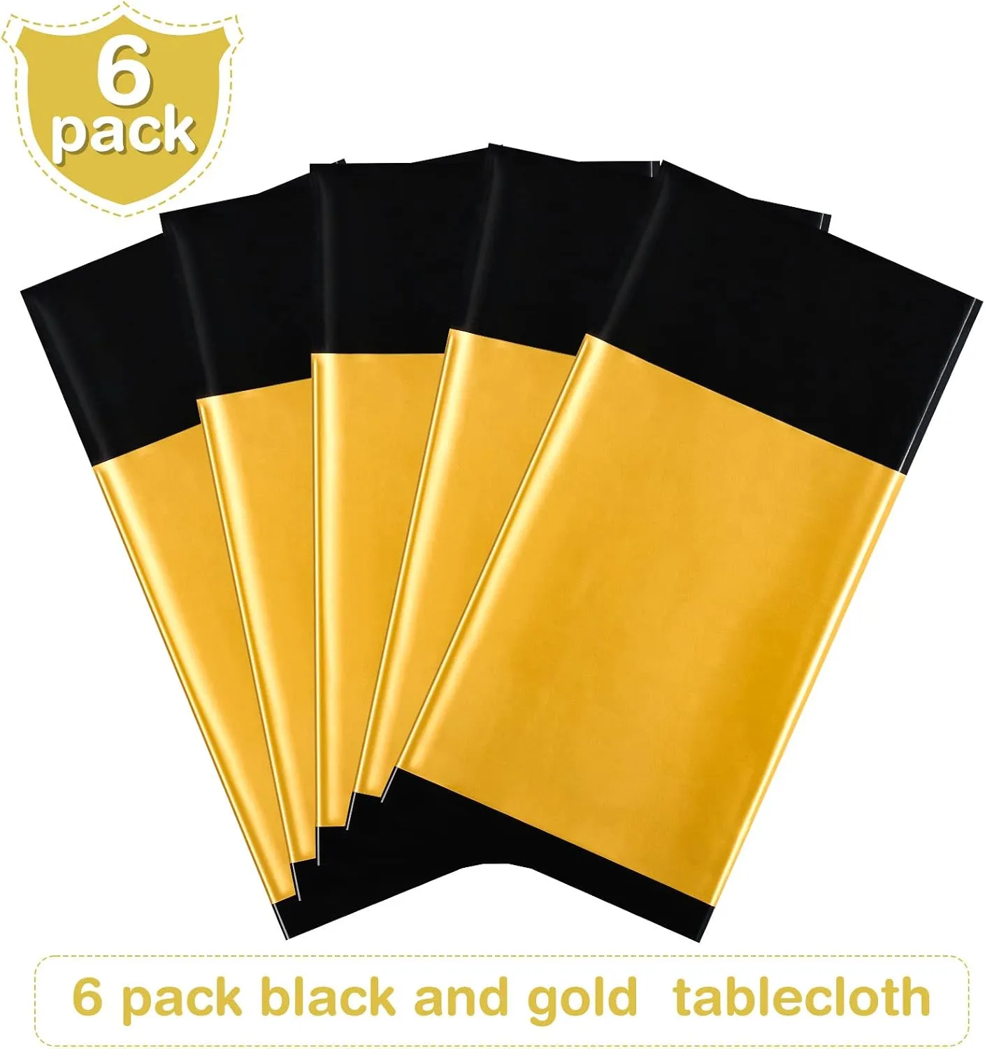 Tatuo 6 Pcs Plastic Tablecloth Set Disposable Rectangle Table Cover and Table Runner for Graduation Baby Shower Bride Shower Party Birthday Wedding Anniversary Picnic Decoration (Black and Gold)