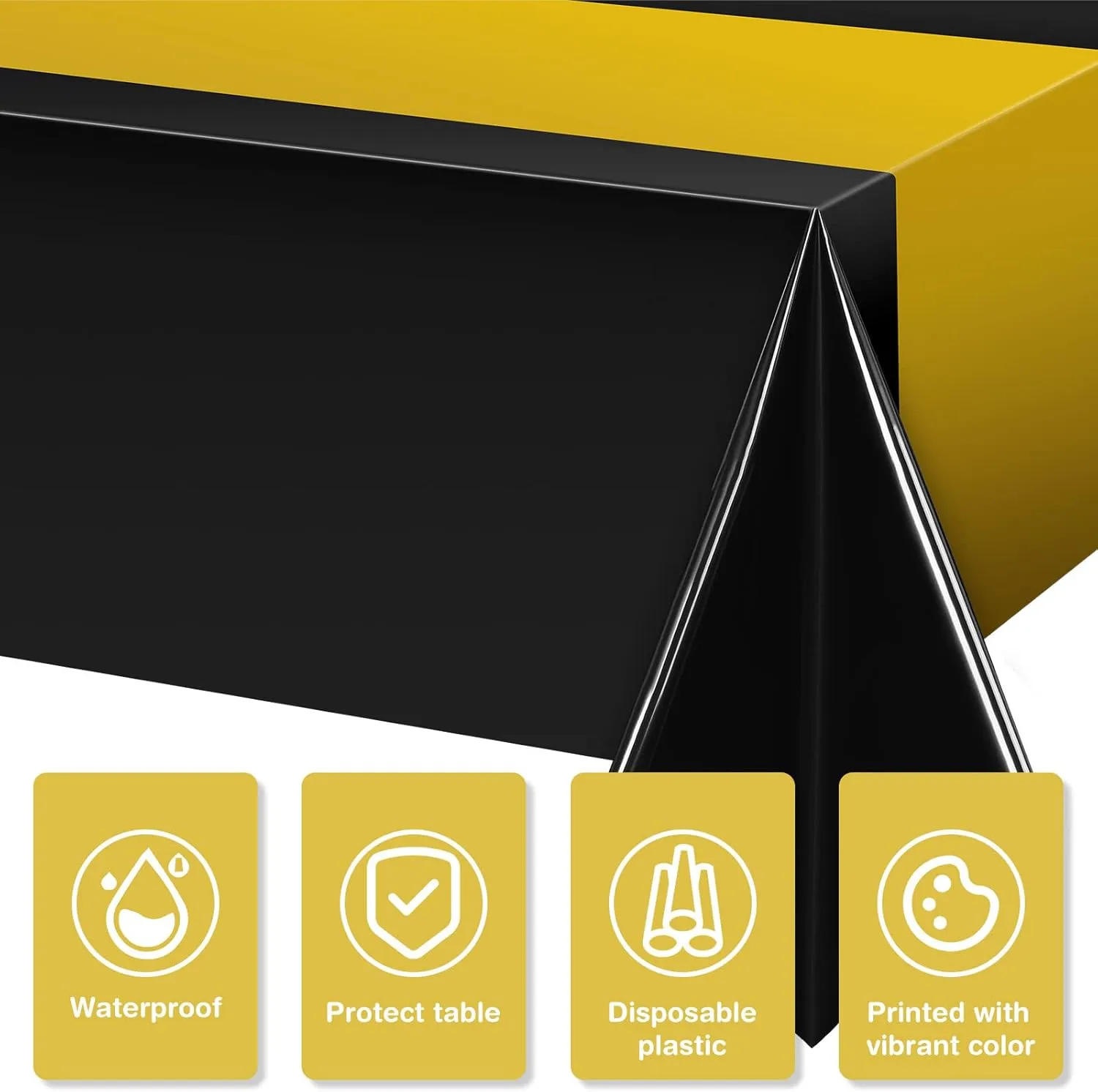 Tatuo 6 Pcs Plastic Tablecloth Set Disposable Rectangle Table Cover and Table Runner for Graduation Baby Shower Bride Shower Party Birthday Wedding Anniversary Picnic Decoration (Black and Gold)