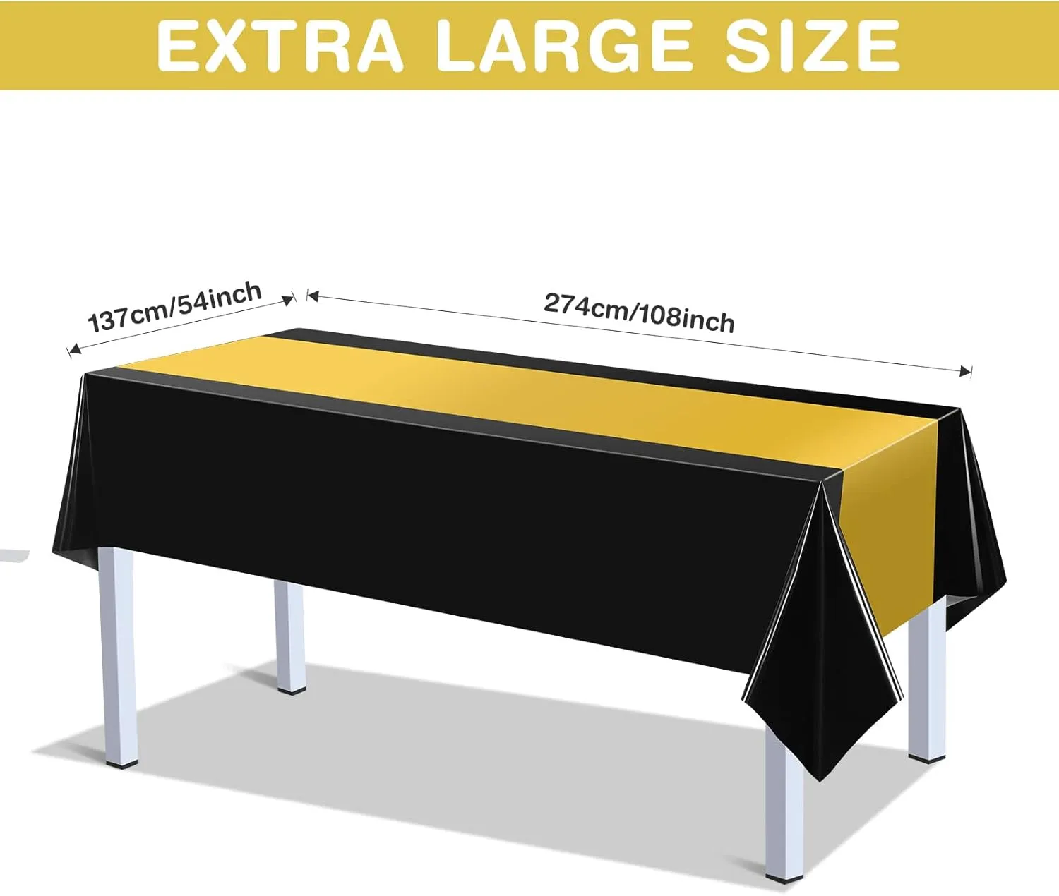 Tatuo 6 Pcs Plastic Tablecloth Set Disposable Rectangle Table Cover and Table Runner for Graduation Baby Shower Bride Shower Party Birthday Wedding Anniversary Picnic Decoration (Black and Gold)