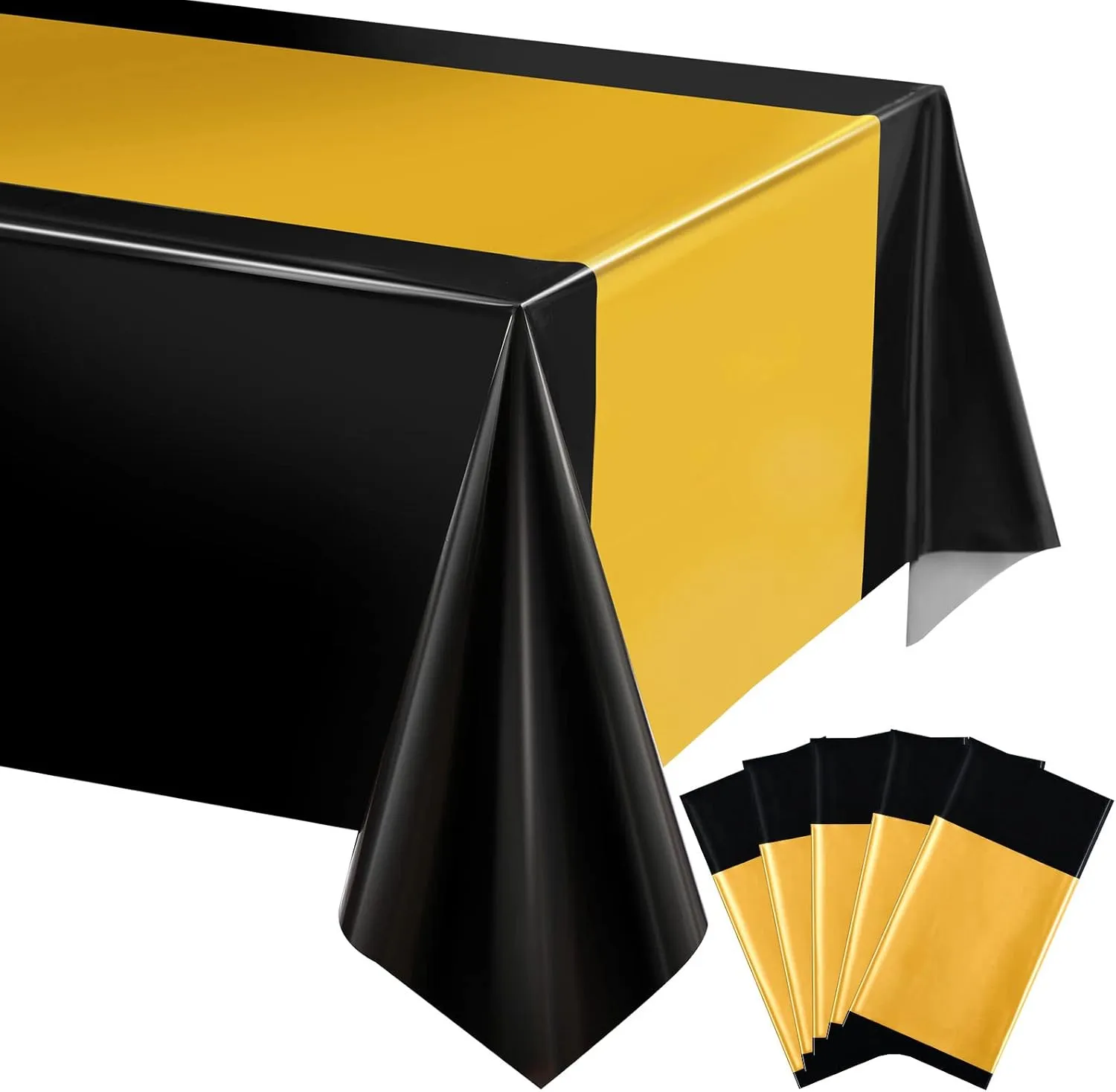 Tatuo 6 Pcs Plastic Tablecloth Set Disposable Rectangle Table Cover and Table Runner for Graduation Baby Shower Bride Shower Party Birthday Wedding Anniversary Picnic Decoration (Black and Gold)
