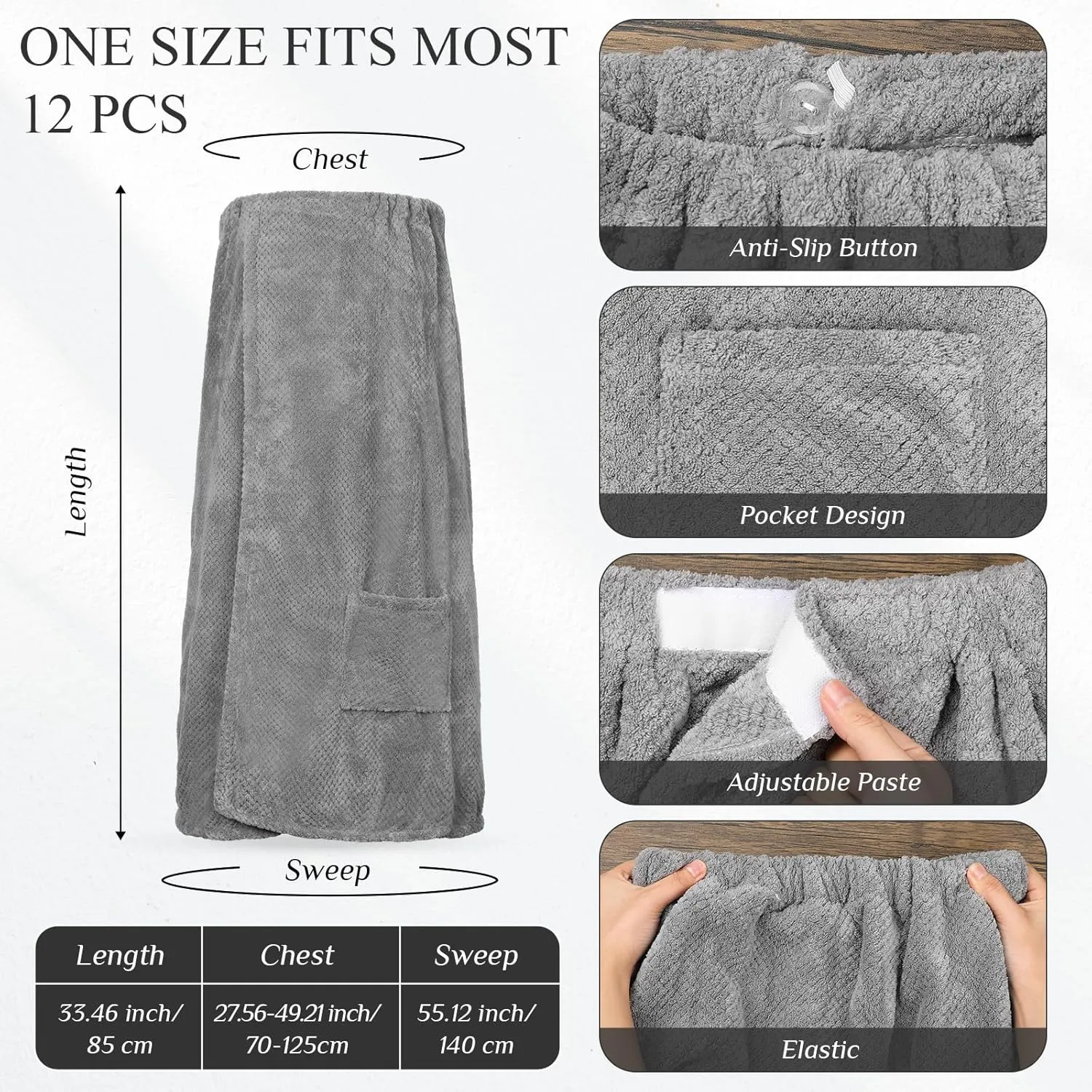 Tigeen 12 Pcs Spa Robe for Women Waffle Spa Wraps with Pocket Adjustable Closure Lightweight Towel Wraps for Bath Shower(Gray, Pocket)