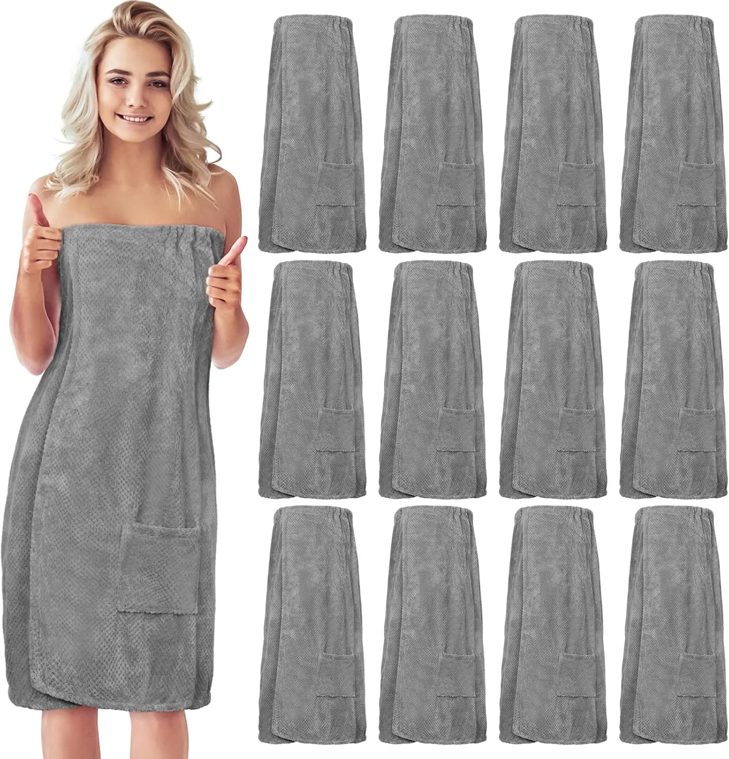 Tigeen 12 Pcs Spa Robe for Women Waffle Spa Wraps with Pocket Adjustable Closure Lightweight Towel Wraps for Bath Shower(Gray, Pocket)