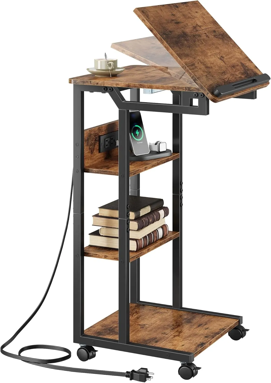 Tiltable Couch Table with Charging Station, 360°Swivel End Table with Shelves and Wheels, C Shaped Adjustable Top Side Table for Laptops, Small TV Tray for Living Room, Bedroom, Rustic Brown