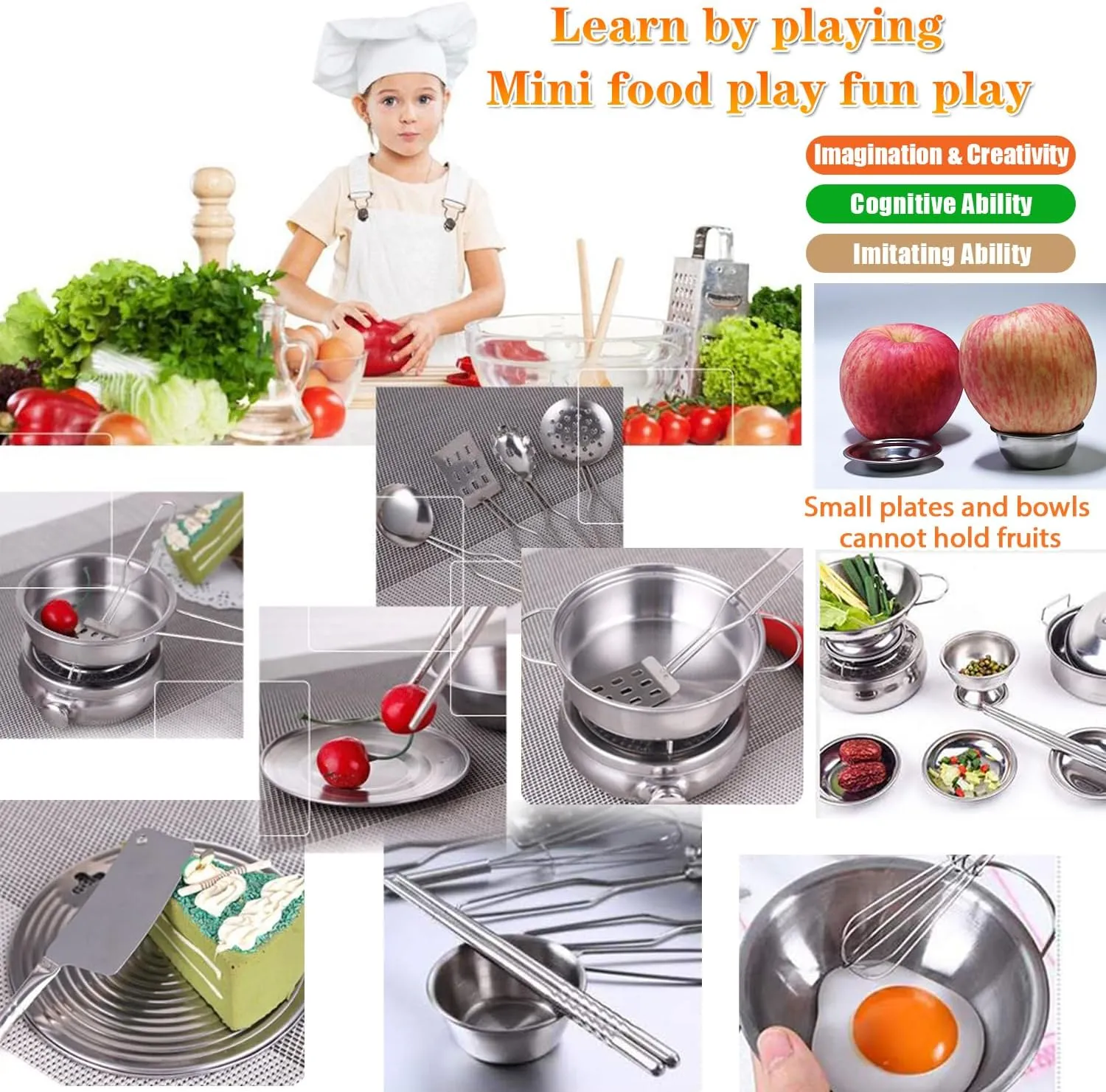 Tiny Classic Stainless Steel Kitchen Toys Cooking Utensils Set-Pretend Play Pots Pans Toy Cookware Kits for Kids Cooking Utensil Set Interactive Learning Role Play Educational Toys for Kids Mini Size