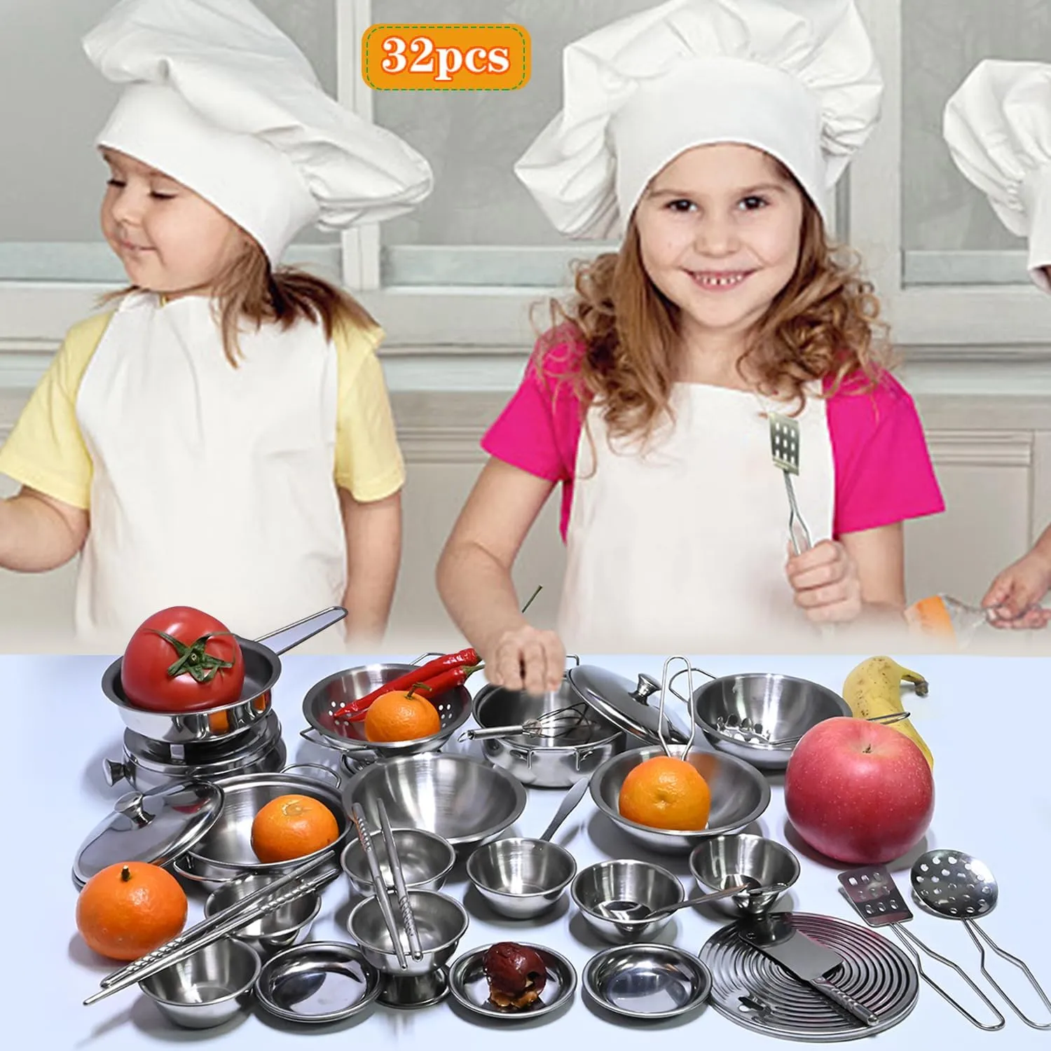 Tiny Classic Stainless Steel Kitchen Toys Cooking Utensils Set-Pretend Play Pots Pans Toy Cookware Kits for Kids Cooking Utensil Set Interactive Learning Role Play Educational Toys for Kids Mini Size