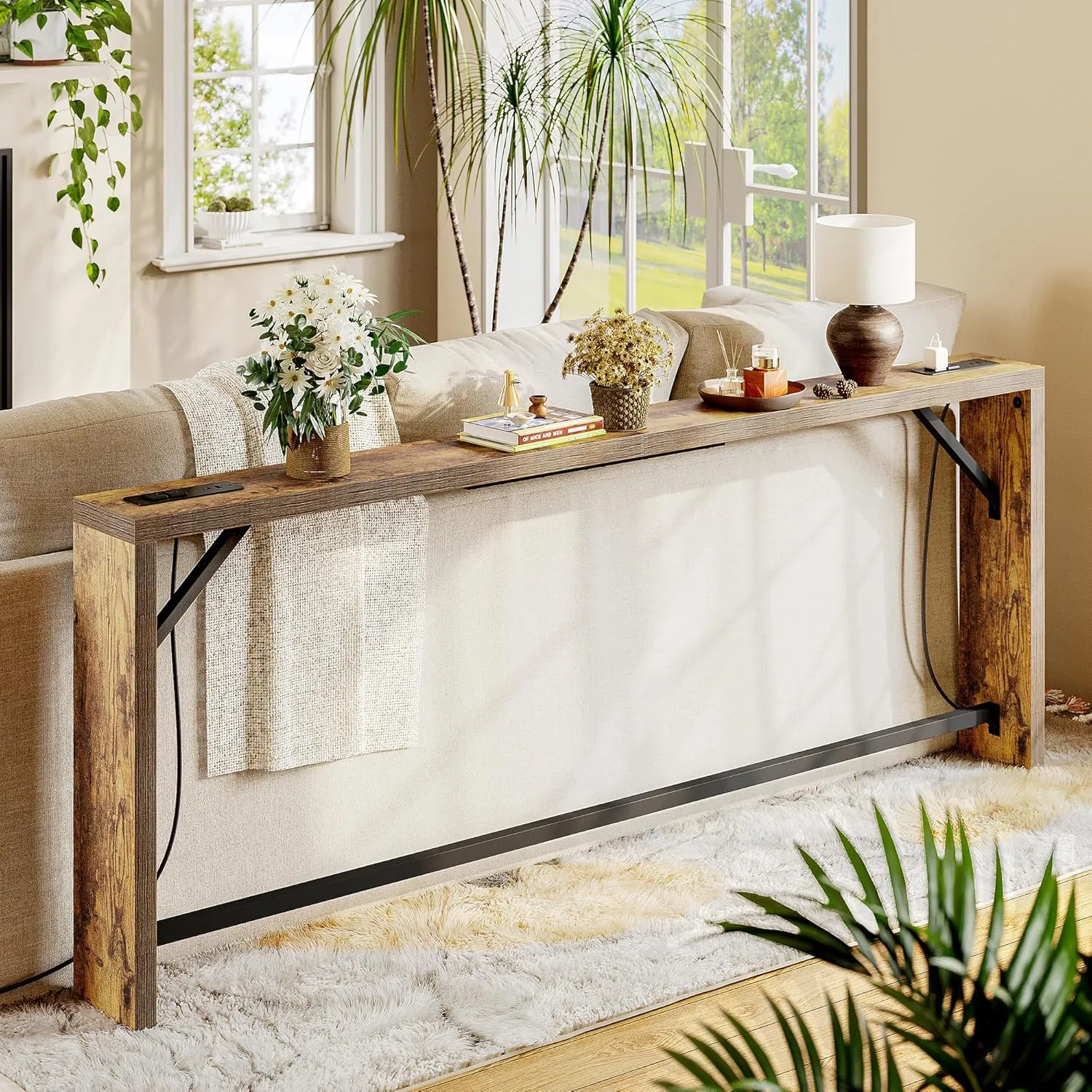 TIQLAB Sofa Table, 79 inch Long Console Table Behind Couch, Narrow Entryway Table with Angled Metal Frame, Industrial Console Table for Entryway, Rustic Brown