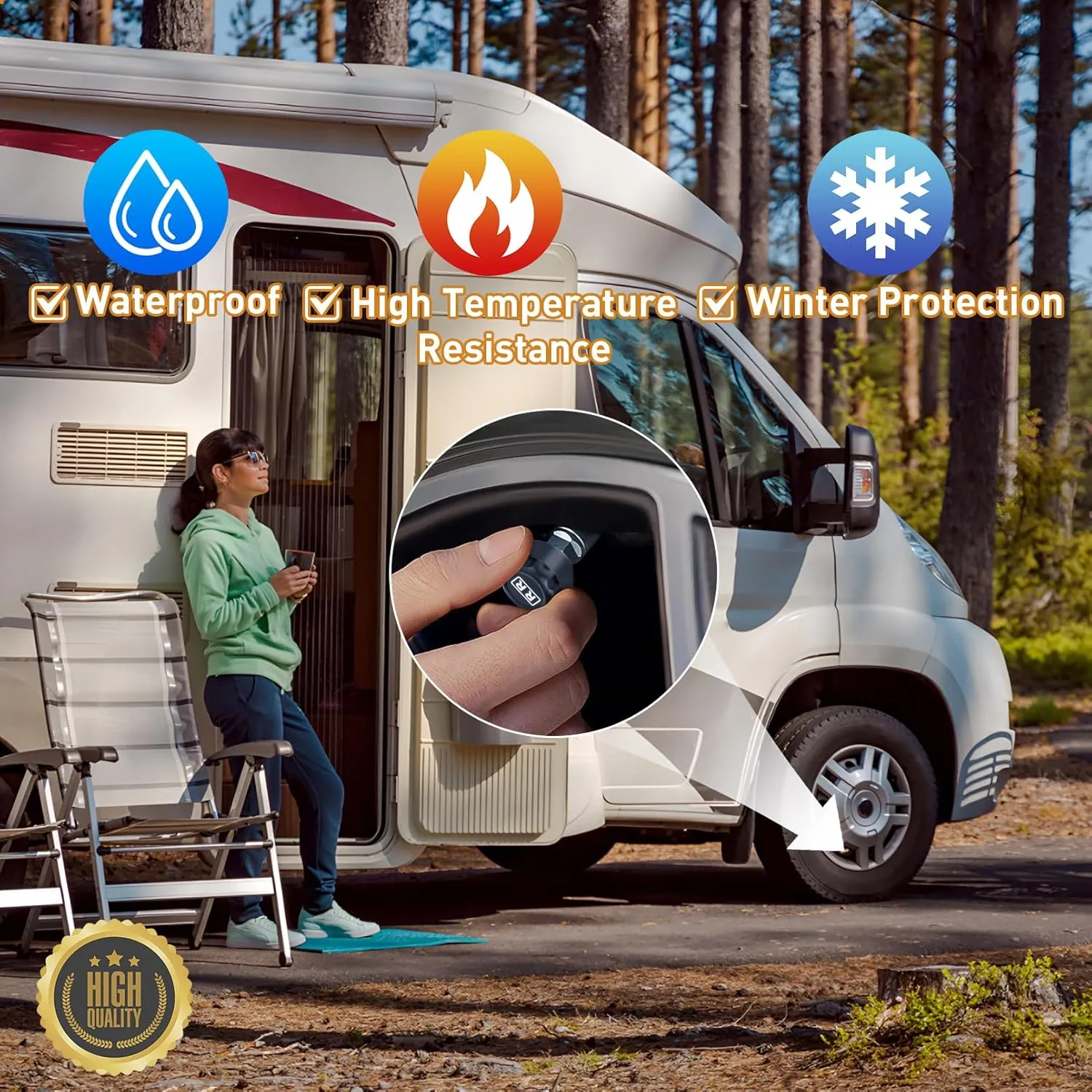Tire Pressure Monitoring System, TPMS for RV and Trailer, Solar Powered TPMS with LCD Display, 4 Sensors, Real-Time Pressure and Temperature Monitoring, Easy to Use (0~87 PSI)