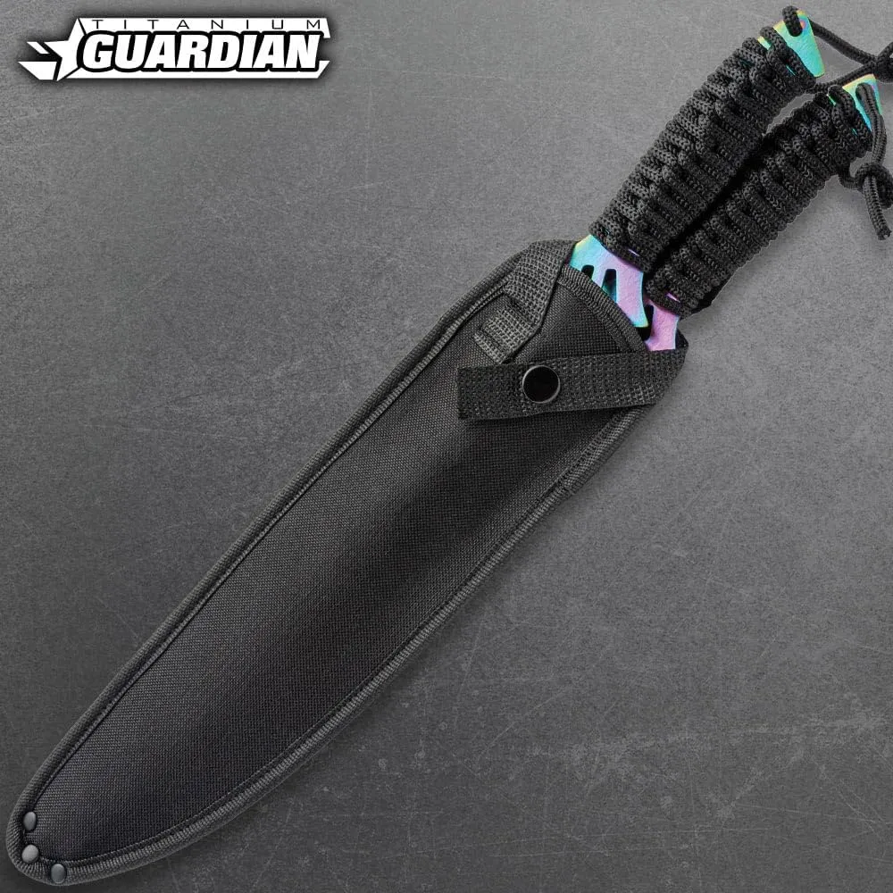 Titanium Guardian Twin Machete Set With Sheath | 11” Stainless Steel Blades | Titanium and Black Finish | Paracord Wrapped Handles | Includes Nylon Sheath with Adjustable Strap | 17 1/2” Overall