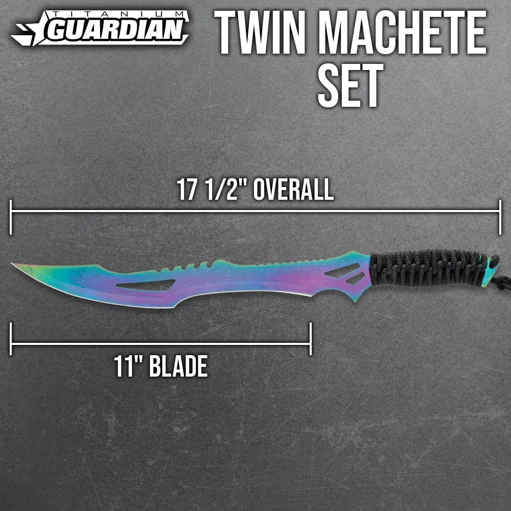 Titanium Guardian Twin Machete Set With Sheath | 11” Stainless Steel Blades | Titanium and Black Finish | Paracord Wrapped Handles | Includes Nylon Sheath with Adjustable Strap | 17 1/2” Overall