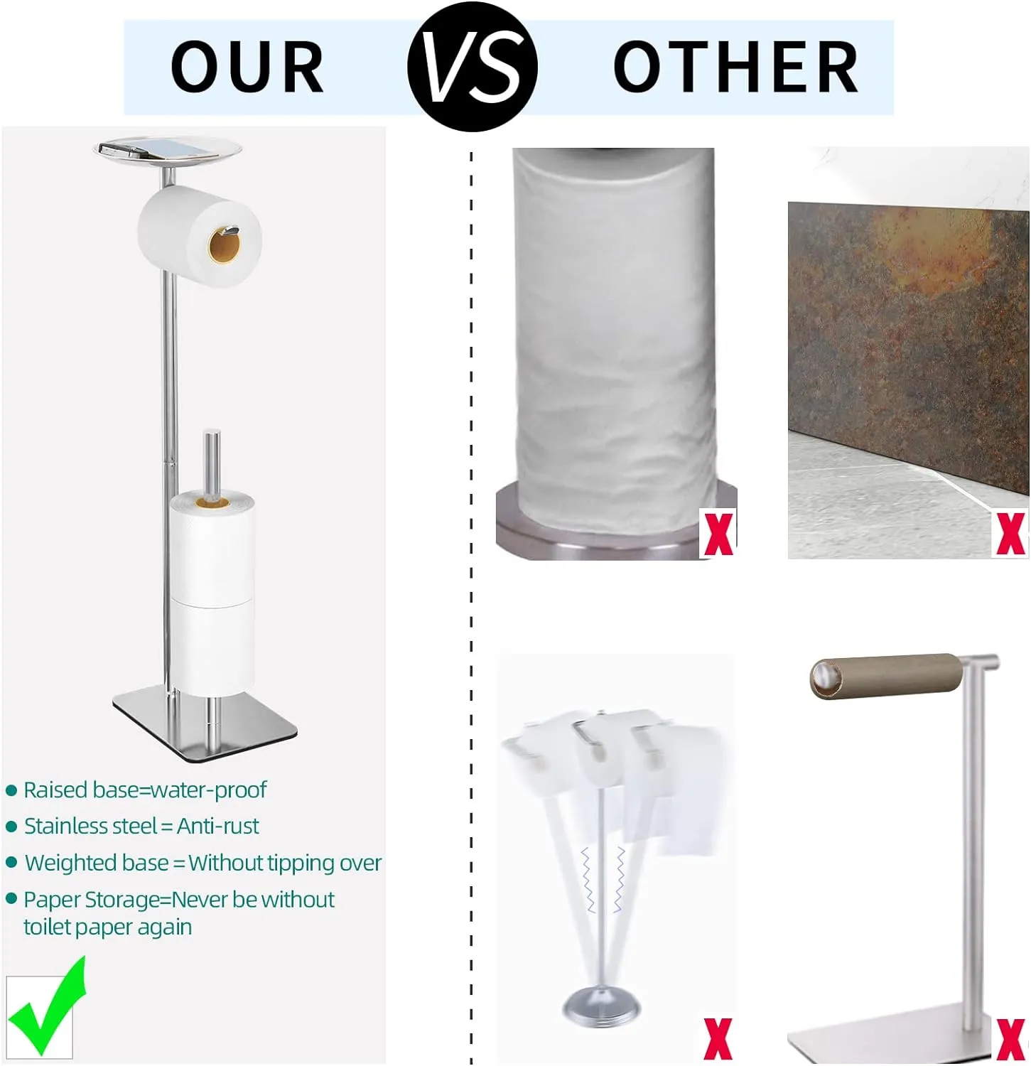 Toilet Paper Holder Stand for Bathroom Floor Standing Toilet Roll Dispenser Storages 4 Reserve Rolls, with Top Storage Shelf for Cell Phones, Wipe, Wallet and More(Brush Nickel)