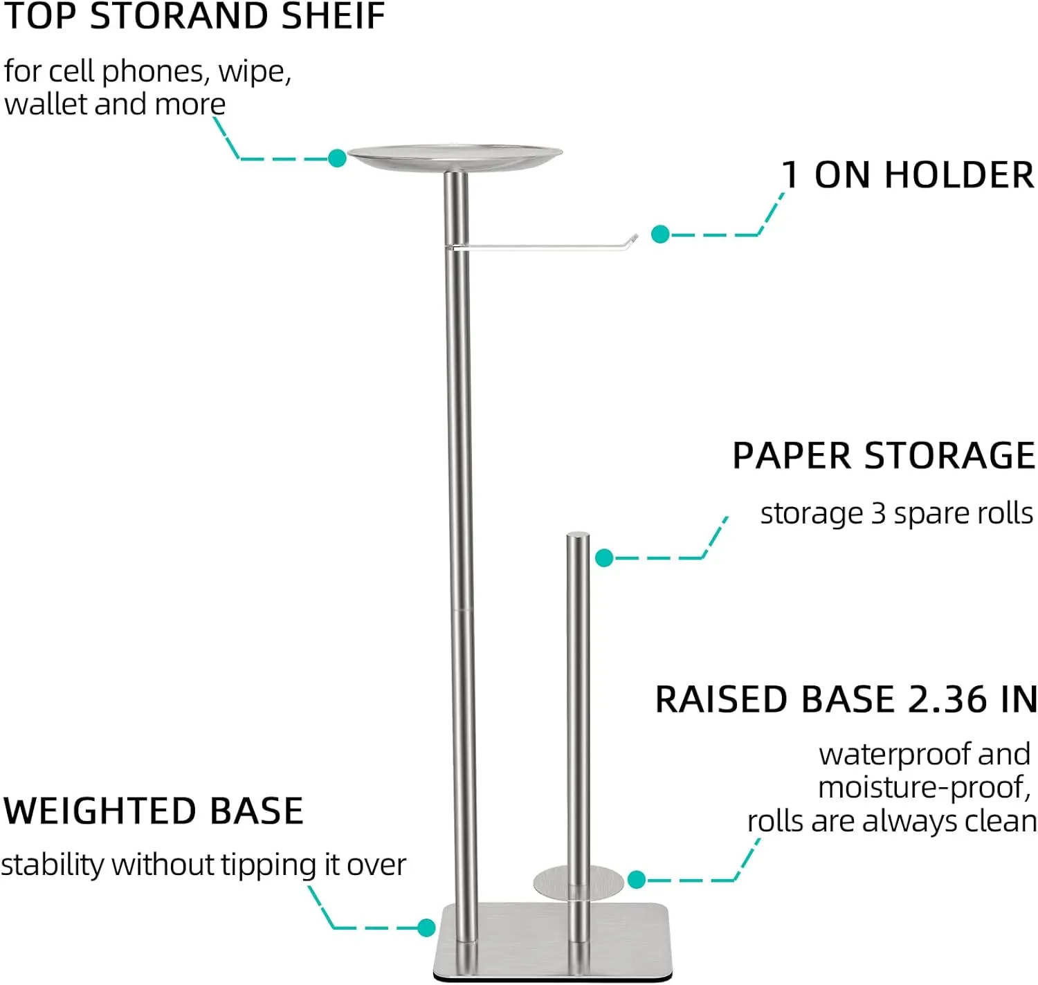 Toilet Paper Holder Stand for Bathroom Floor Standing Toilet Roll Dispenser Storages 4 Reserve Rolls, with Top Storage Shelf for Cell Phones, Wipe, Wallet and More(Brush Nickel)
