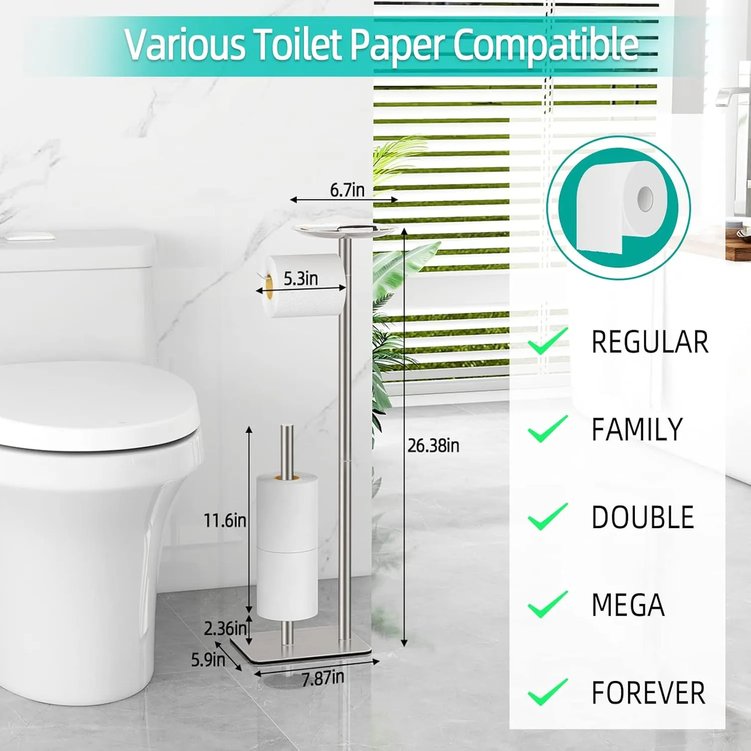 Toilet Paper Holder Stand for Bathroom Floor Standing Toilet Roll Dispenser Storages 4 Reserve Rolls, with Top Storage Shelf for Cell Phones, Wipe, Wallet and More(Brush Nickel)
