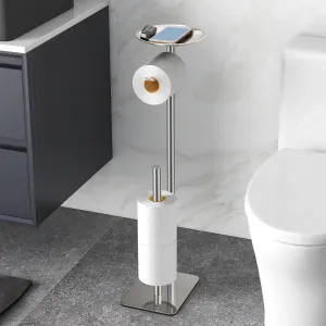 Toilet Paper Holder Stand for Bathroom Floor Standing Toilet Roll Dispenser Storages 4 Reserve Rolls, with Top Storage Shelf for Cell Phones, Wipe, Wallet and More(Brush Nickel)