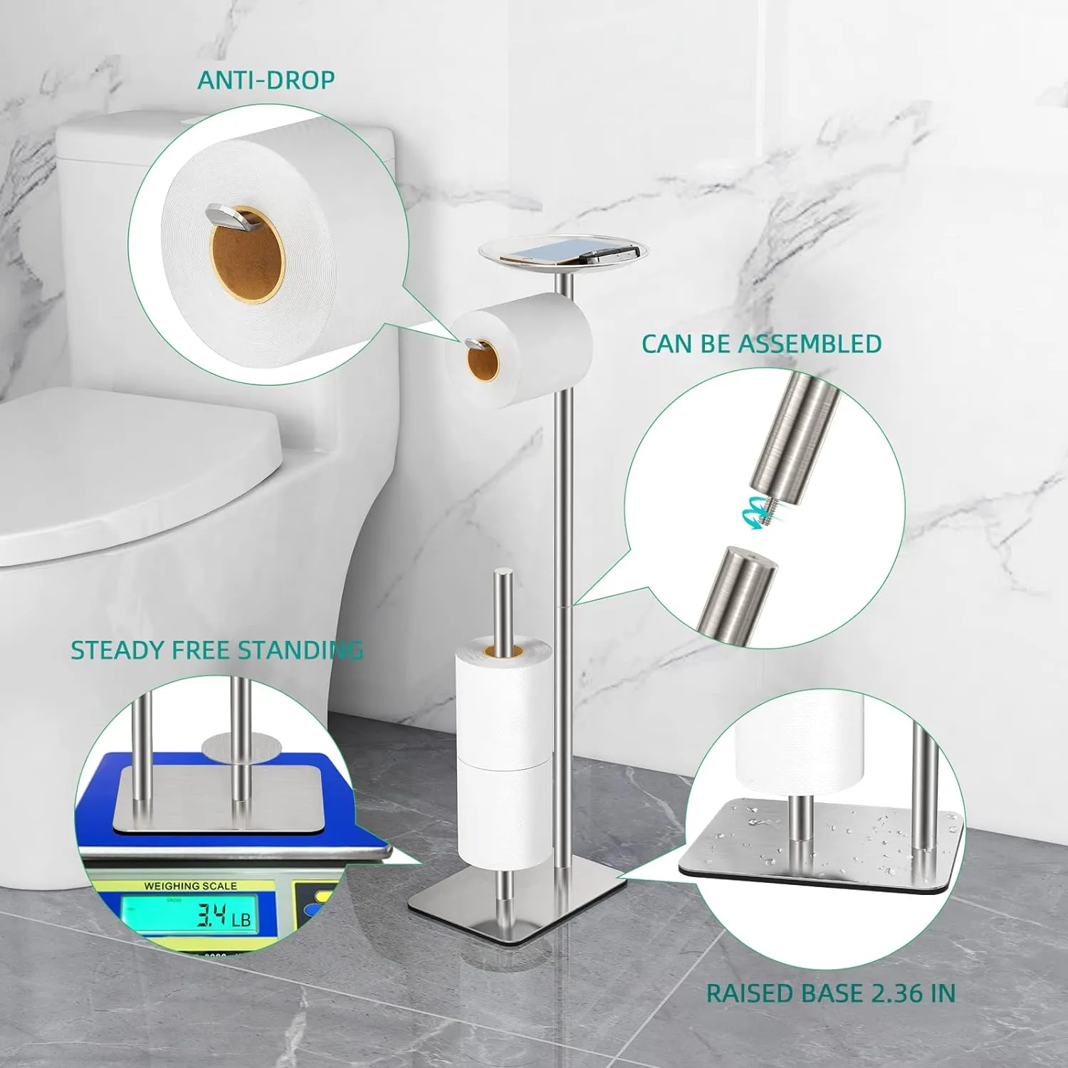 Toilet Paper Holder Stand for Bathroom Floor Standing Toilet Roll Dispenser Storages 4 Reserve Rolls, with Top Storage Shelf for Cell Phones, Wipe, Wallet and More(Brush Nickel)
