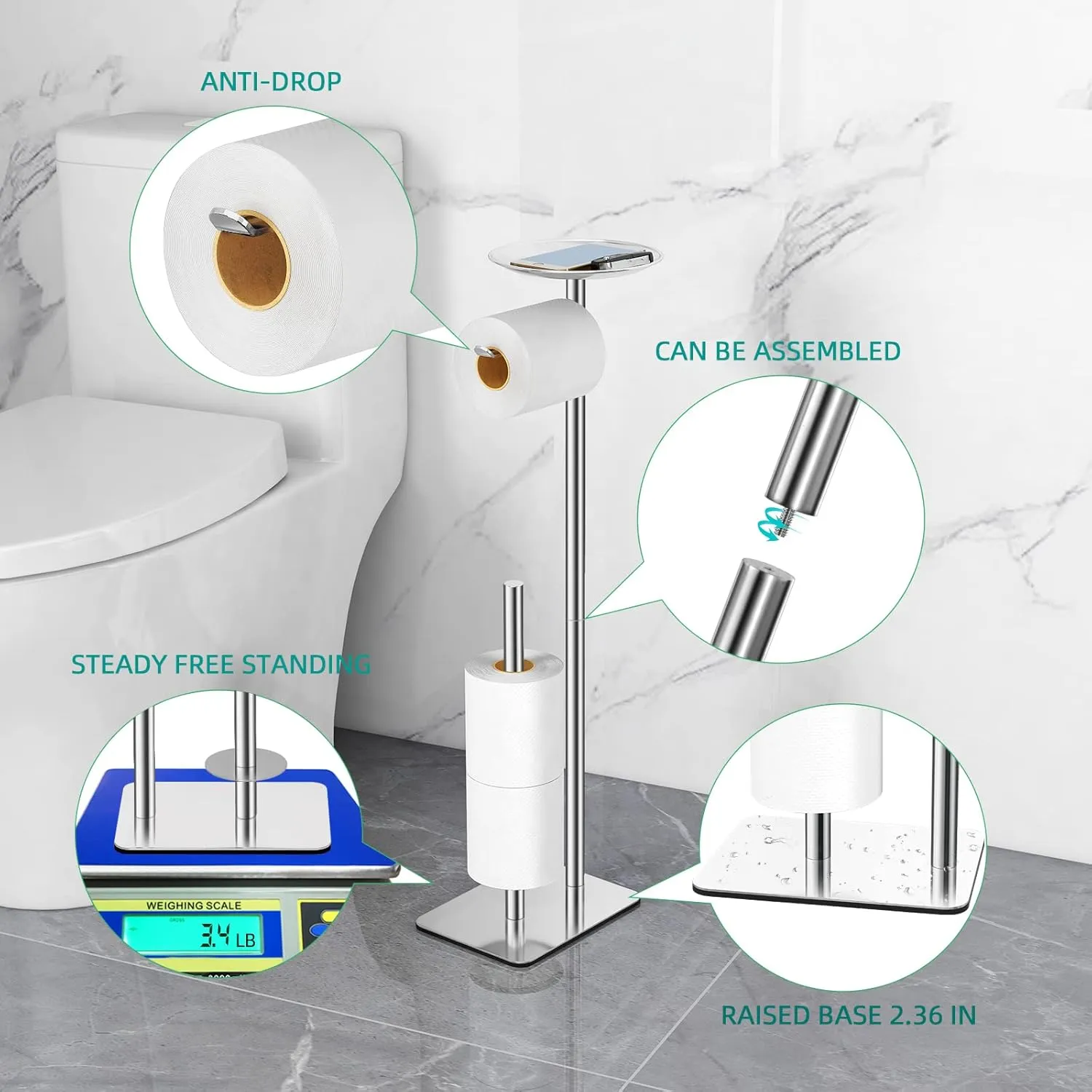 Toilet Paper Holder Stand for Bathroom Floor Standing Toilet Roll Dispenser Storages 4 Reserve Rolls, with Top Storage Shelf for Cell Phones, Wipe, Wallet and More(Chrome)