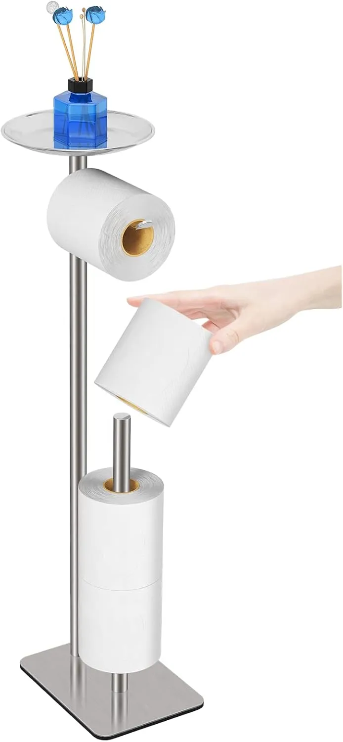 Toilet Paper Holder Stand for Bathroom Floor Standing Toilet Roll Dispenser Storages 4 Reserve Rolls, with Top Storage Shelf for Cell Phones, Wipe, Wallet and More(Chrome)