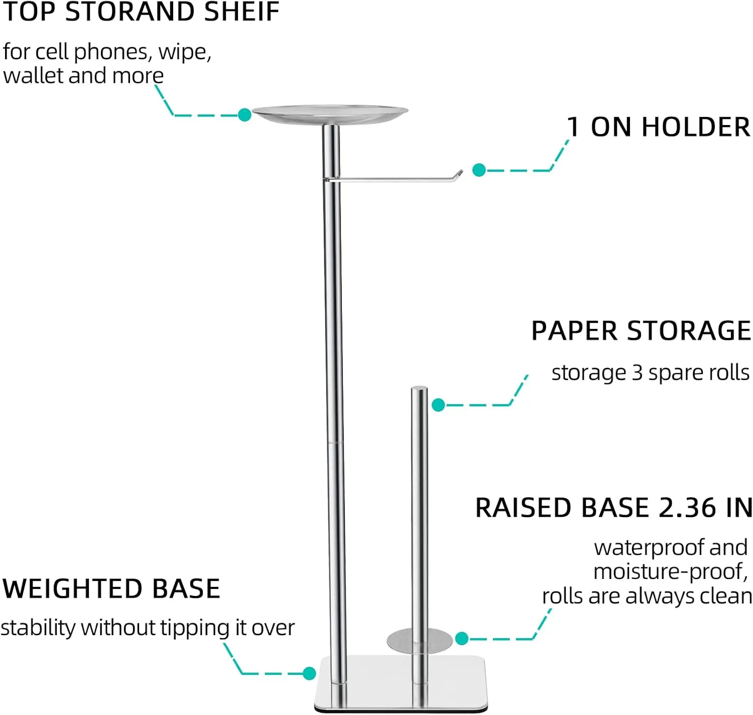 Toilet Paper Holder Stand for Bathroom Floor Standing Toilet Roll Dispenser Storages 4 Reserve Rolls, with Top Storage Shelf for Cell Phones, Wipe, Wallet and More(Chrome)