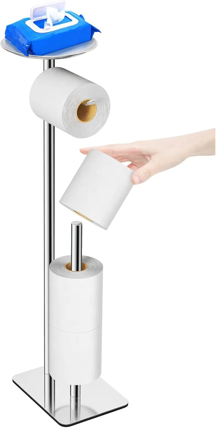 Toilet Paper Holder Stand for Bathroom Floor Standing Toilet Roll Dispenser Storages 4 Reserve Rolls, with Top Storage Shelf for Cell Phones, Wipe, Wallet and More(Chrome)