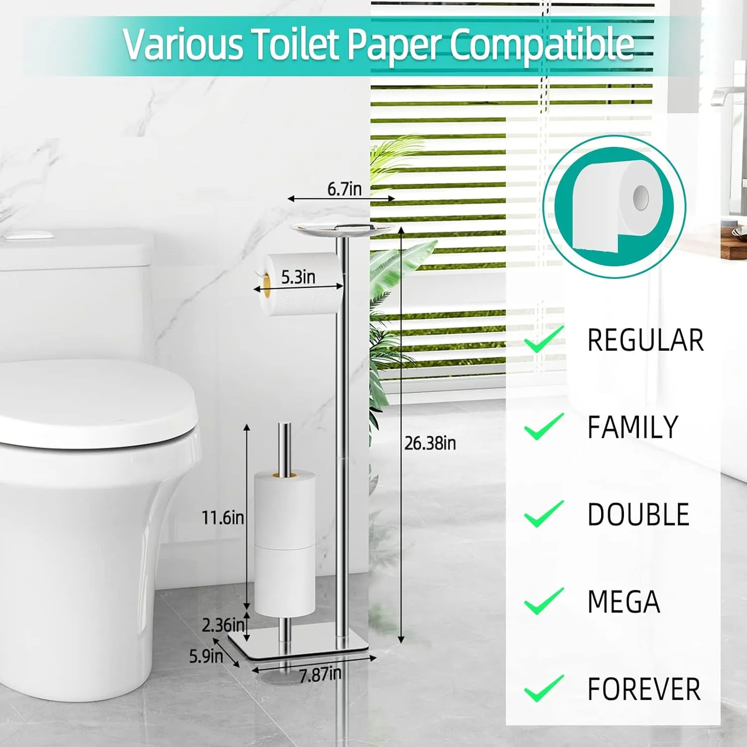 Toilet Paper Holder Stand for Bathroom Floor Standing Toilet Roll Dispenser Storages 4 Reserve Rolls, with Top Storage Shelf for Cell Phones, Wipe, Wallet and More(Chrome)