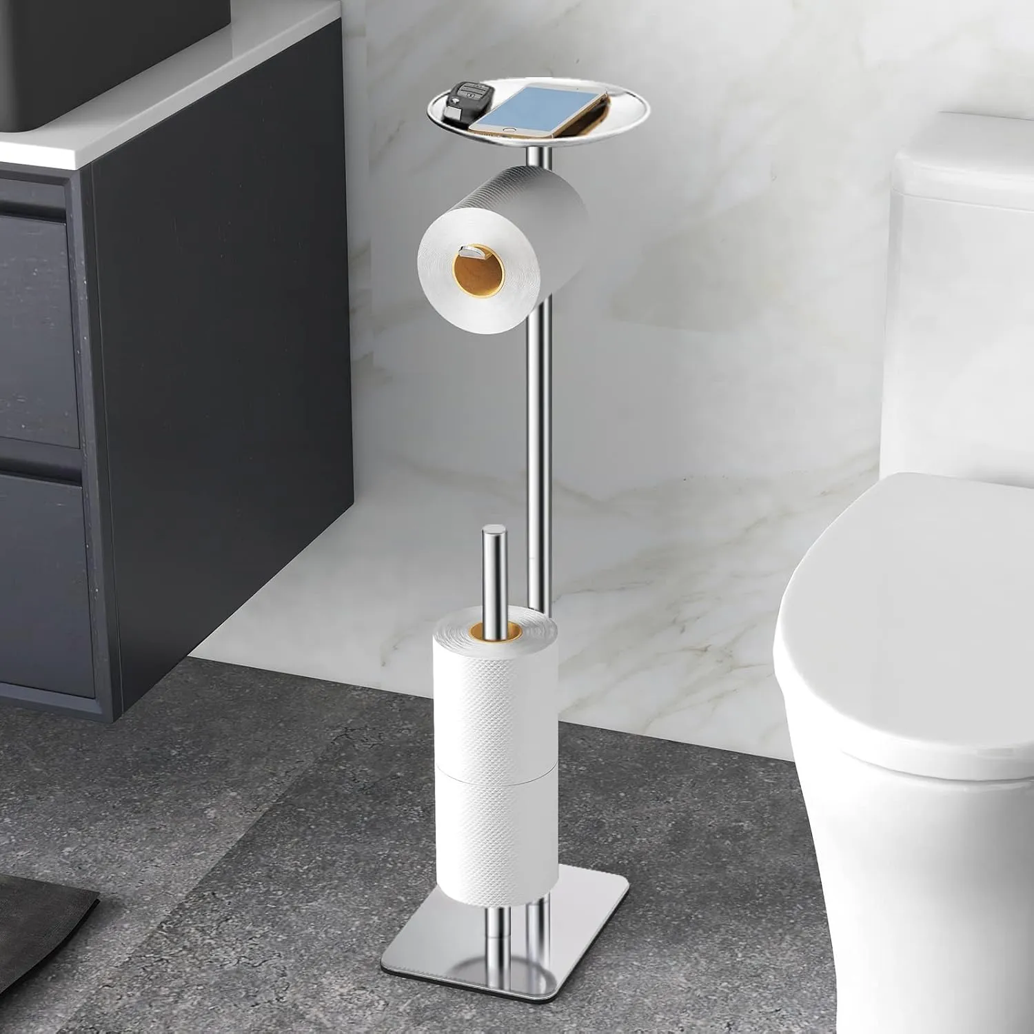 Toilet Paper Holder Stand for Bathroom Floor Standing Toilet Roll Dispenser Storages 4 Reserve Rolls, with Top Storage Shelf for Cell Phones, Wipe, Wallet and More(Chrome)