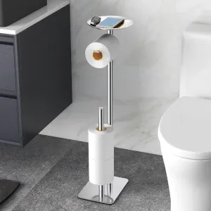 Toilet Paper Holder Stand for Bathroom Floor Standing Toilet Roll Dispenser Storages 4 Reserve Rolls, with Top Storage Shelf for Cell Phones, Wipe, Wallet and More(Chrome)