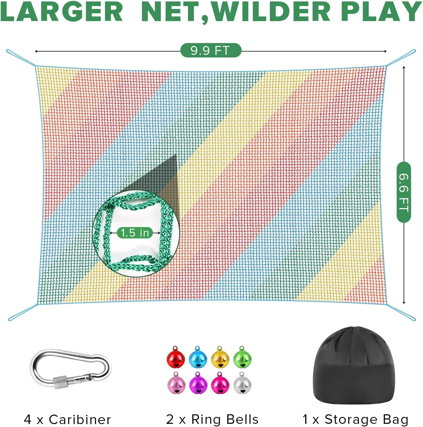 TOPNEW Double Layers Climbing Cargo Net - 6.6FT x 9.9FT Heavy Duty Playground Safety Net for Kids Backyard, Tree Fort & Jungle Gyms | Treehouse Accessories with Storage Bag & Carabiners(Coloured)