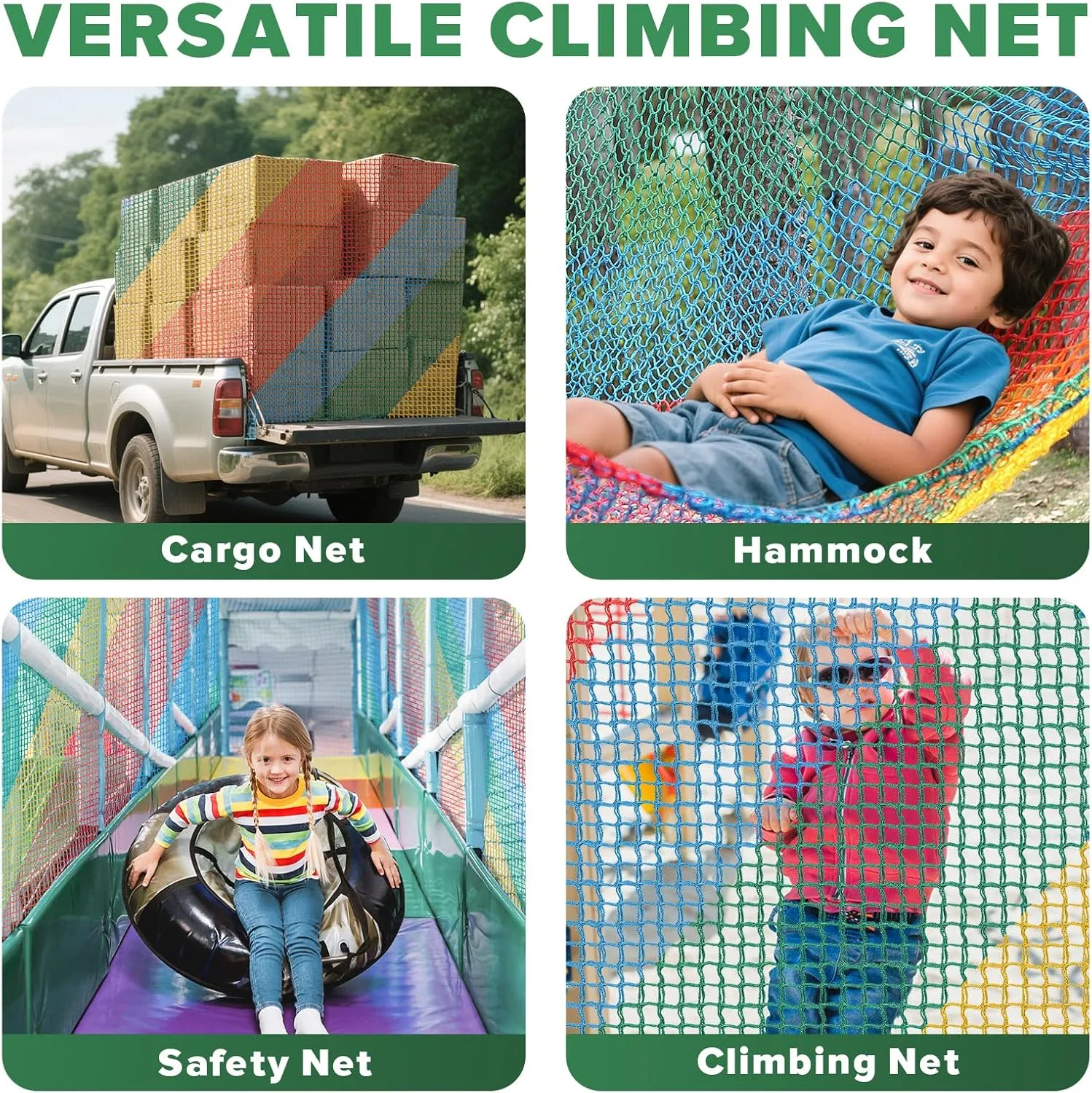 TOPNEW Double Layers Climbing Cargo Net - 9.9FT x 9.9FT Heavy Duty Playground Safety Net for Kids Backyard, Tree Fort & Jungle Gyms | Treehouse Accessories with Storage Bag & Carabiners (Coloured)