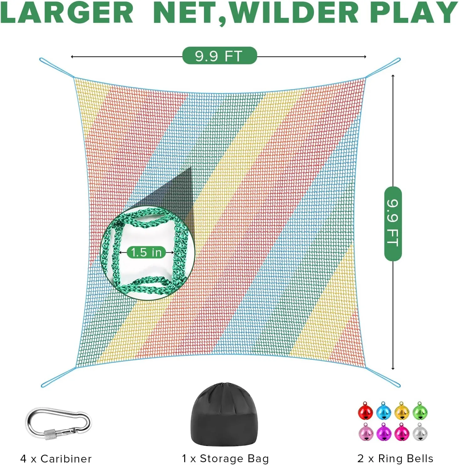 TOPNEW Double Layers Climbing Cargo Net - 9.9FT x 9.9FT Heavy Duty Playground Safety Net for Kids Backyard, Tree Fort & Jungle Gyms | Treehouse Accessories with Storage Bag & Carabiners (Coloured)