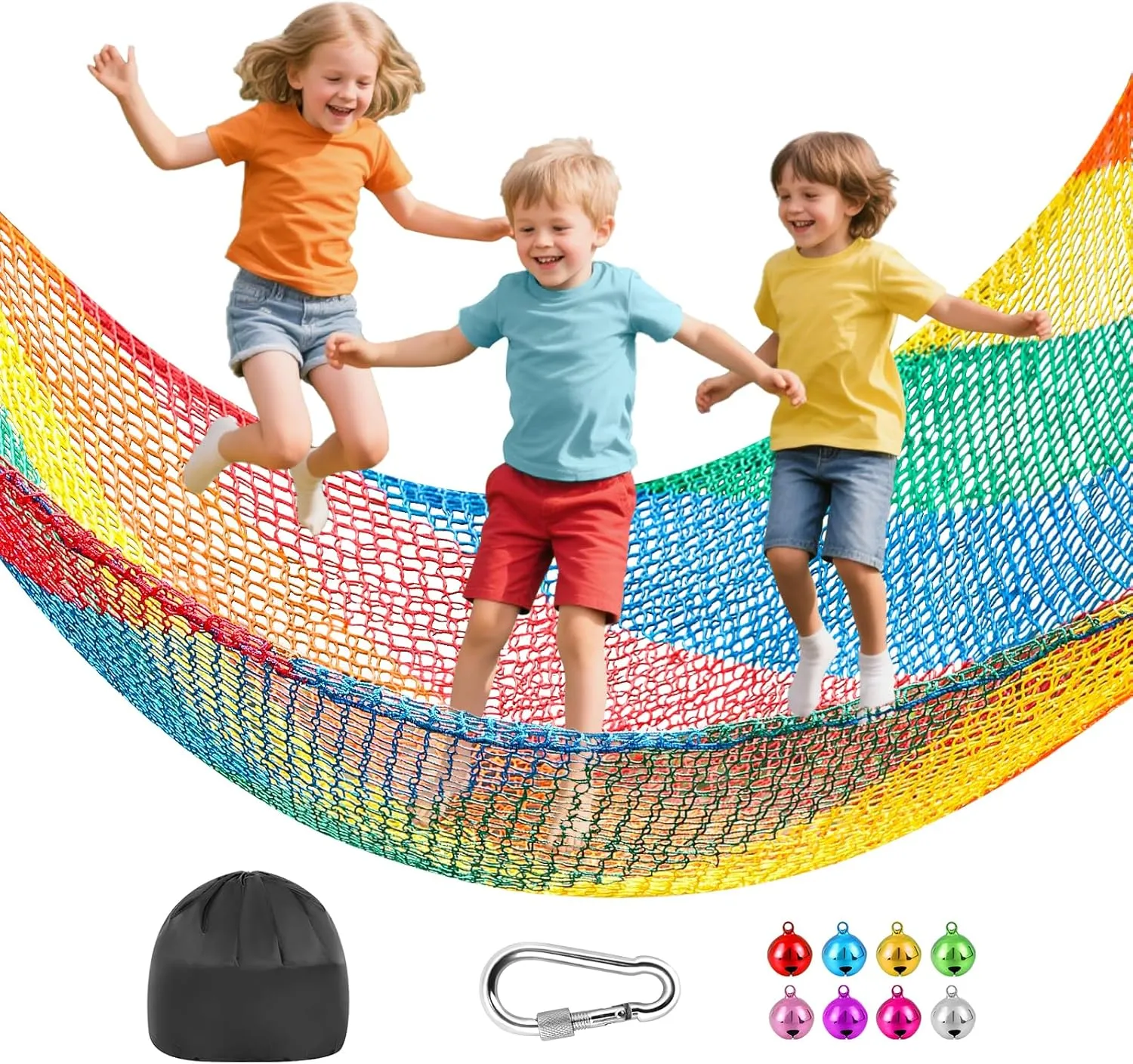 TOPNEW Double Layers Climbing Cargo Net - 9.9FT x 9.9FT Heavy Duty Playground Safety Net for Kids Backyard, Tree Fort & Jungle Gyms | Treehouse Accessories with Storage Bag & Carabiners (Coloured)